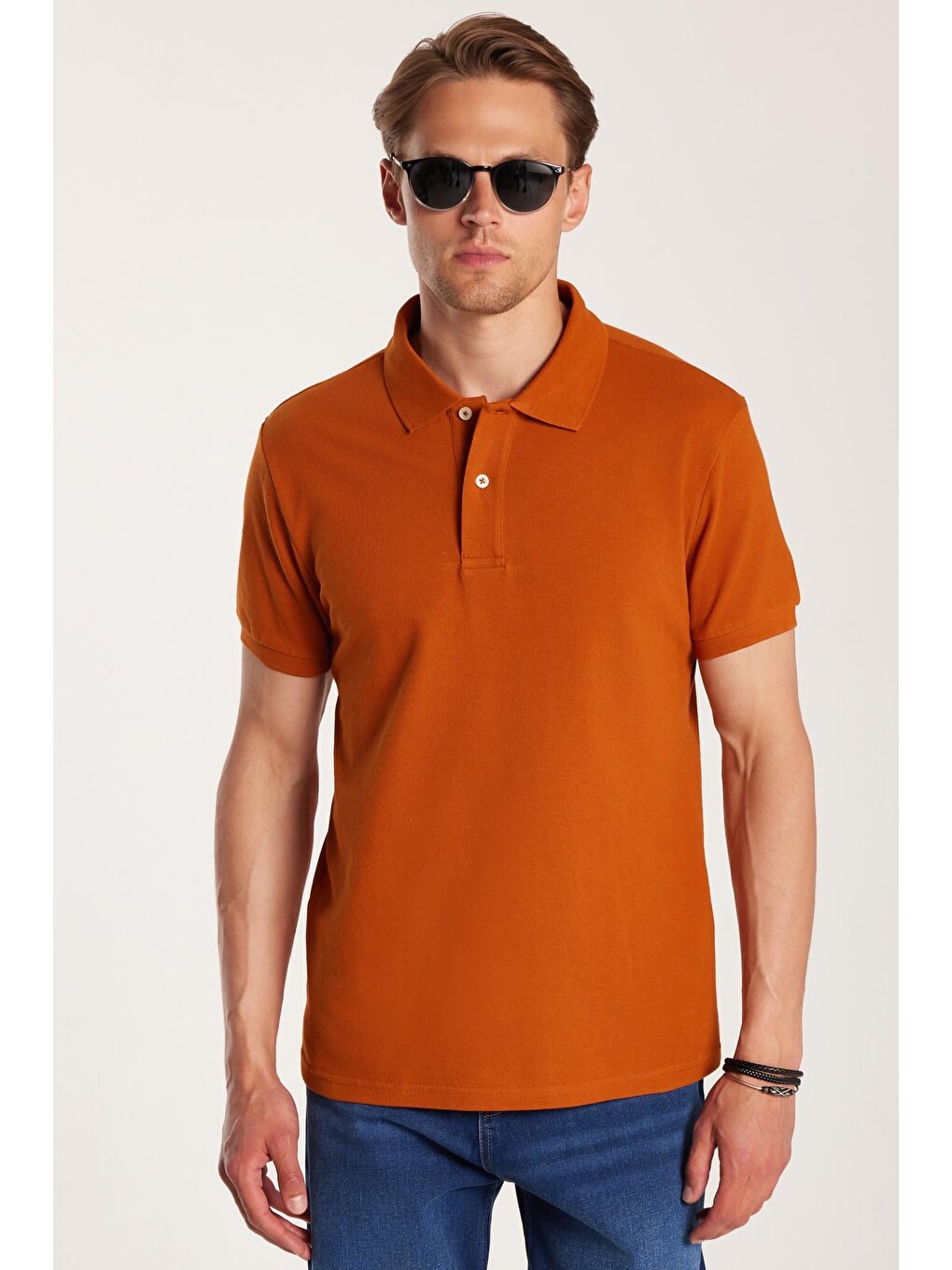 Kahverengi Erkek Slim Fit Dar Kesim %100 Pamuk Kiremit Polo Yaka Tişört-3