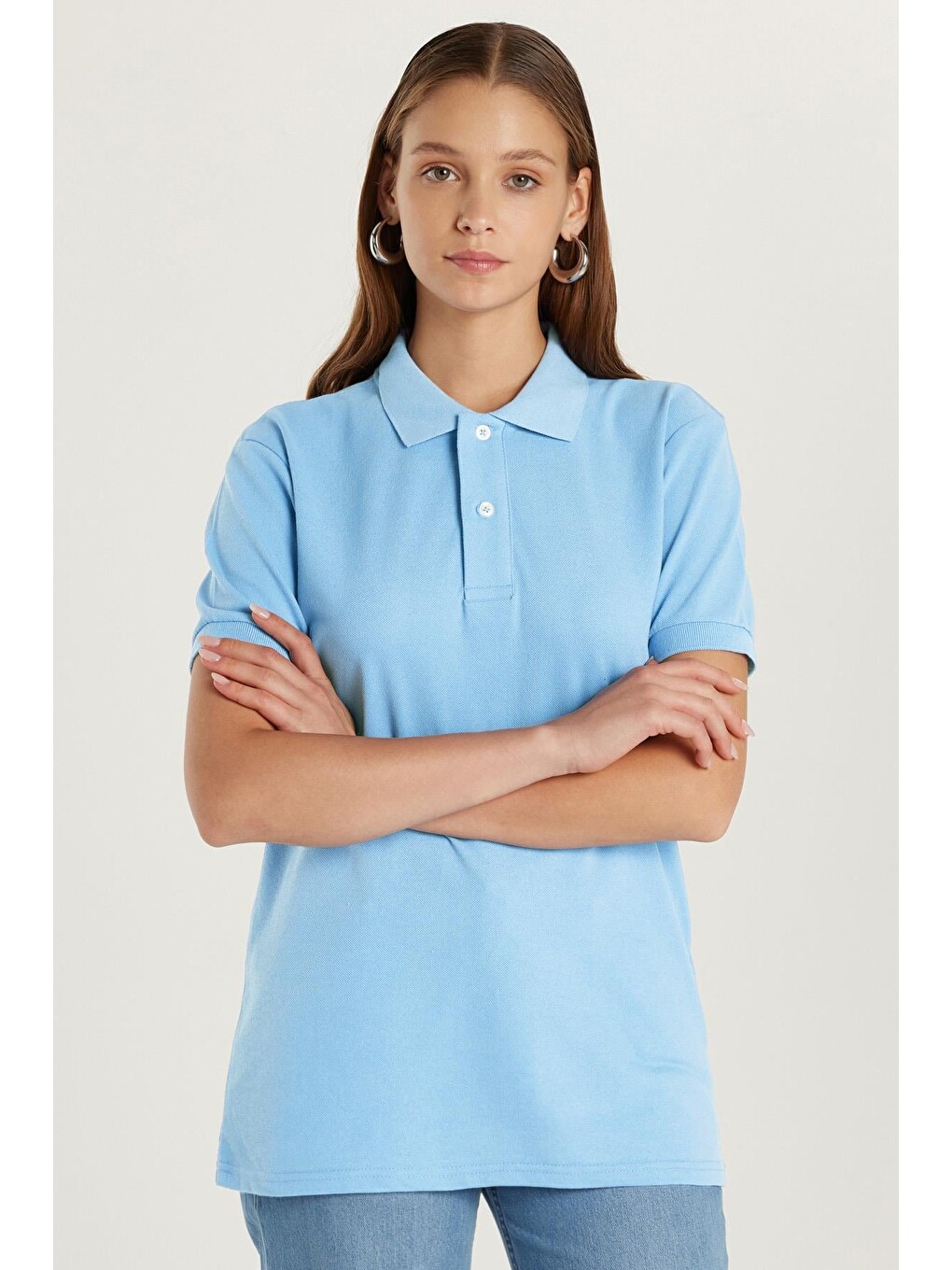 Erkek Slim Fit Dar Kesim Pamuklu Yumuşak Doku Nefes Alan Kumaş Kıvrılmaz Yaka Mavi Polo Yaka Tişört-2