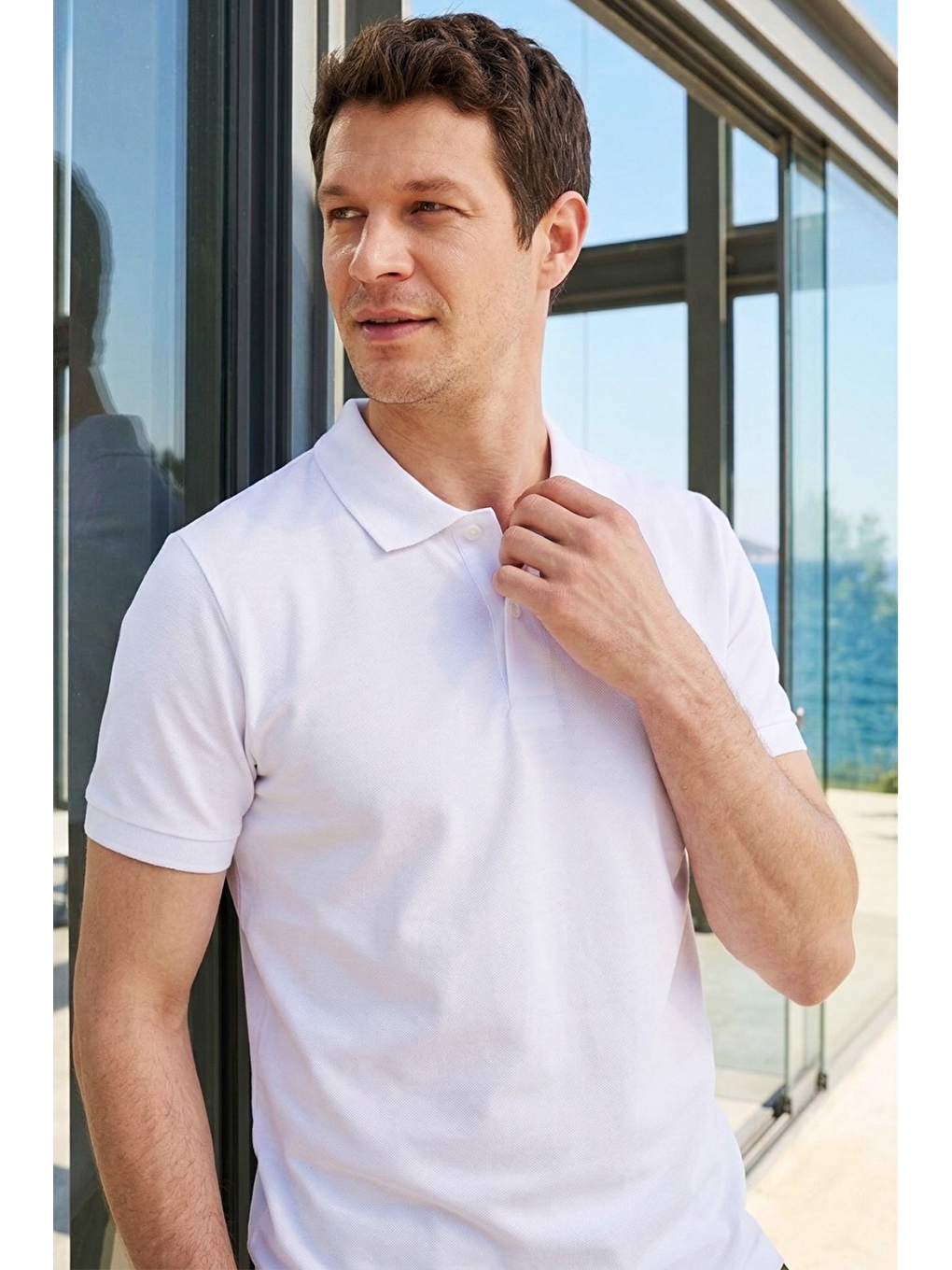Beyaz Erkek Polo Yaka Slim Fit Düz Pamuk Pike Tişört