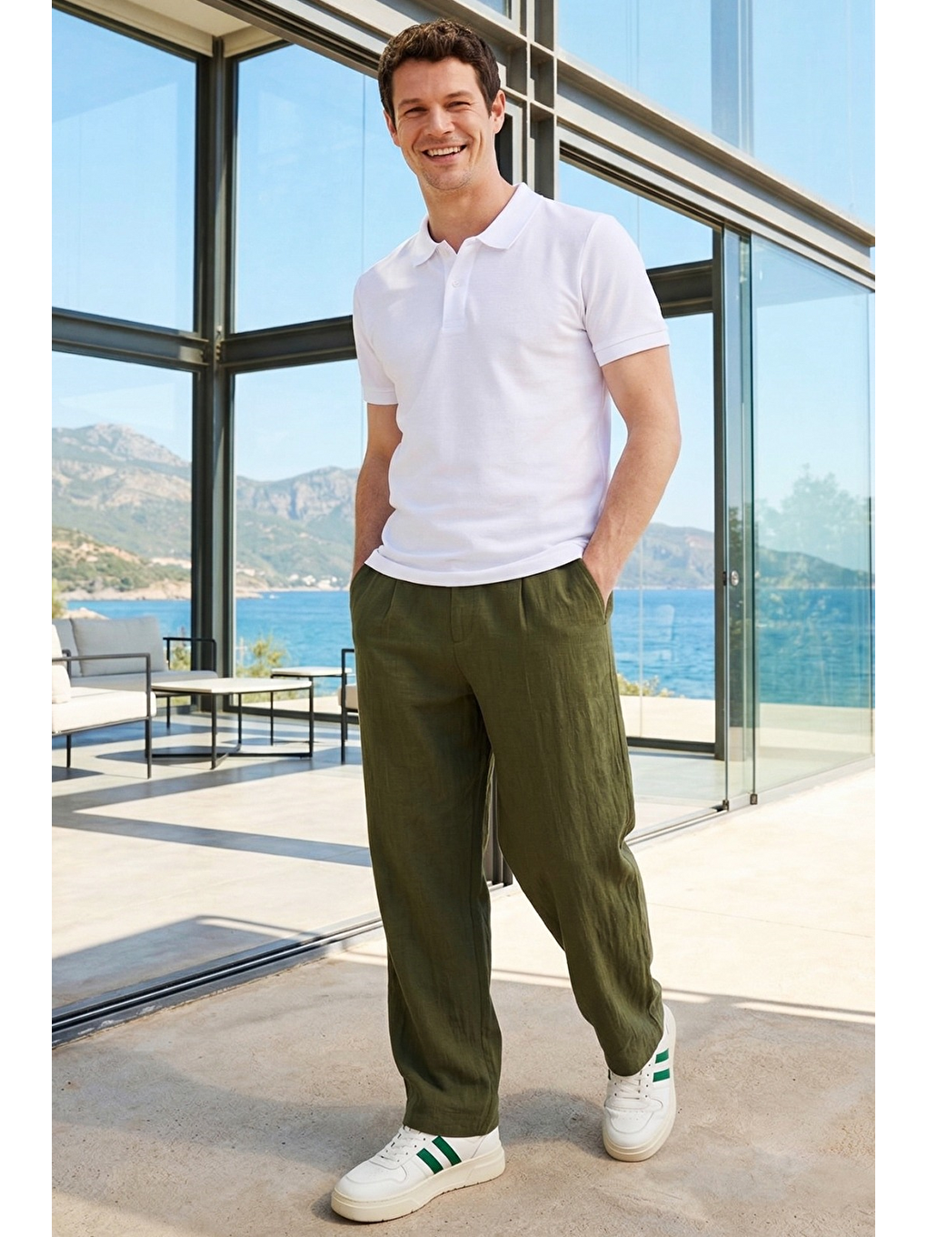 Beyaz Erkek Polo Yaka Slim Fit Düz Pamuk Pike Tişört-1