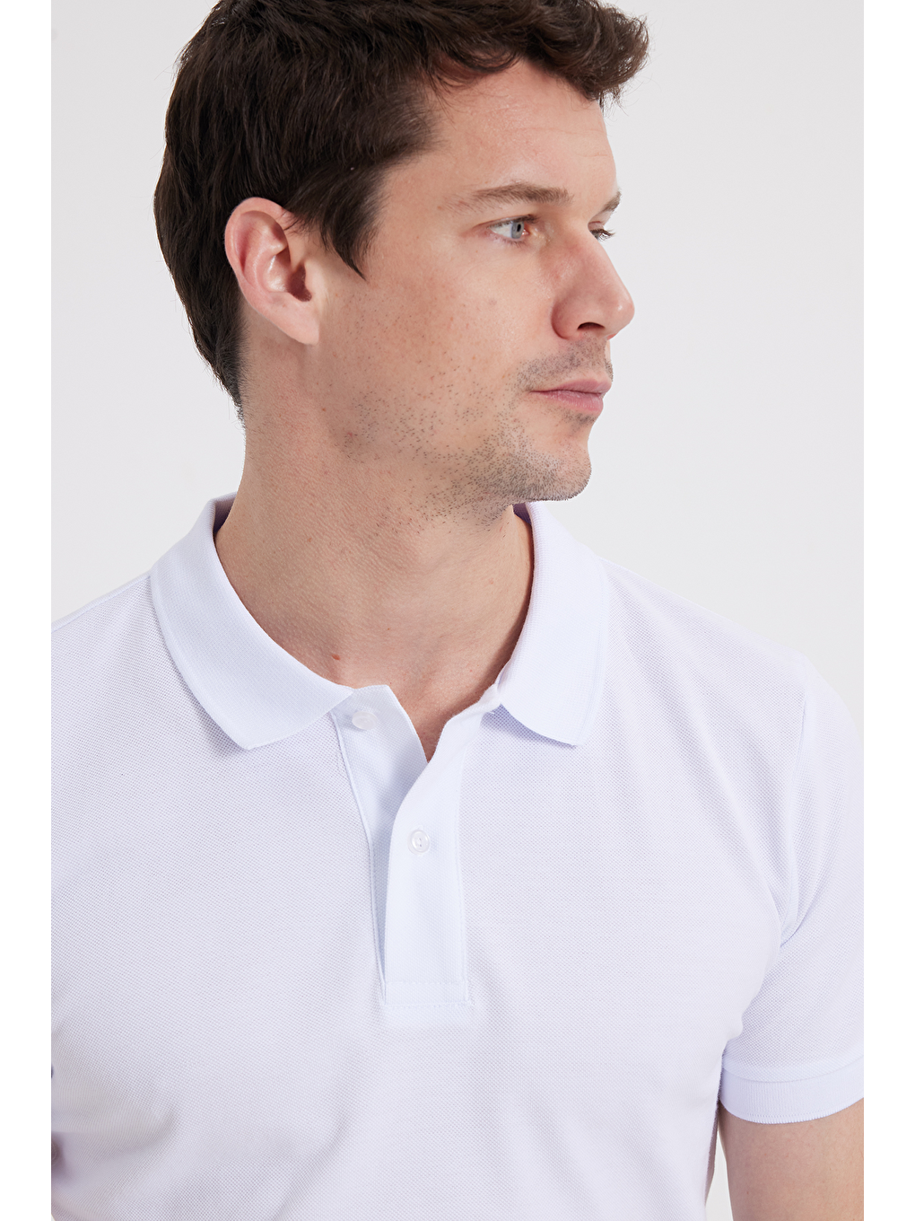 Beyaz Erkek Polo Yaka Slim Fit Düz Pamuk Pike Tişört-2