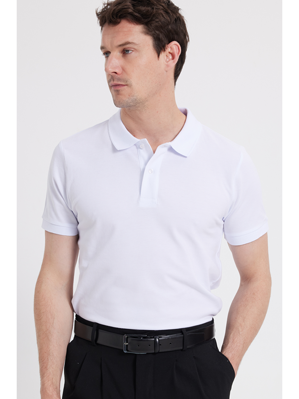 Beyaz Erkek Polo Yaka Slim Fit Düz Pamuk Pike Tişört-3
