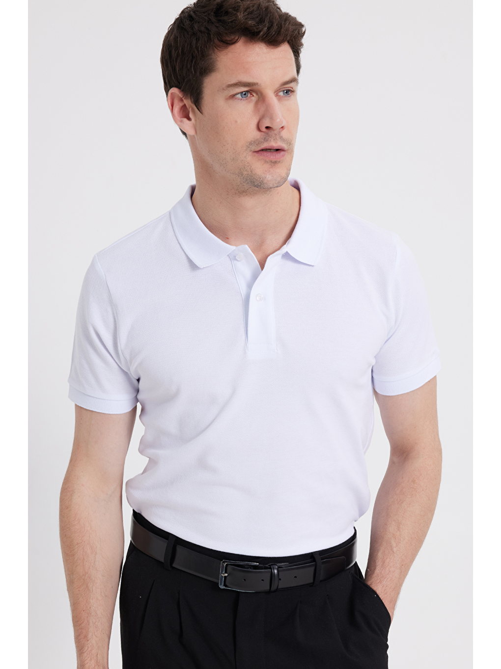 Beyaz Erkek Polo Yaka Slim Fit Düz Pamuk Pike Tişört-4