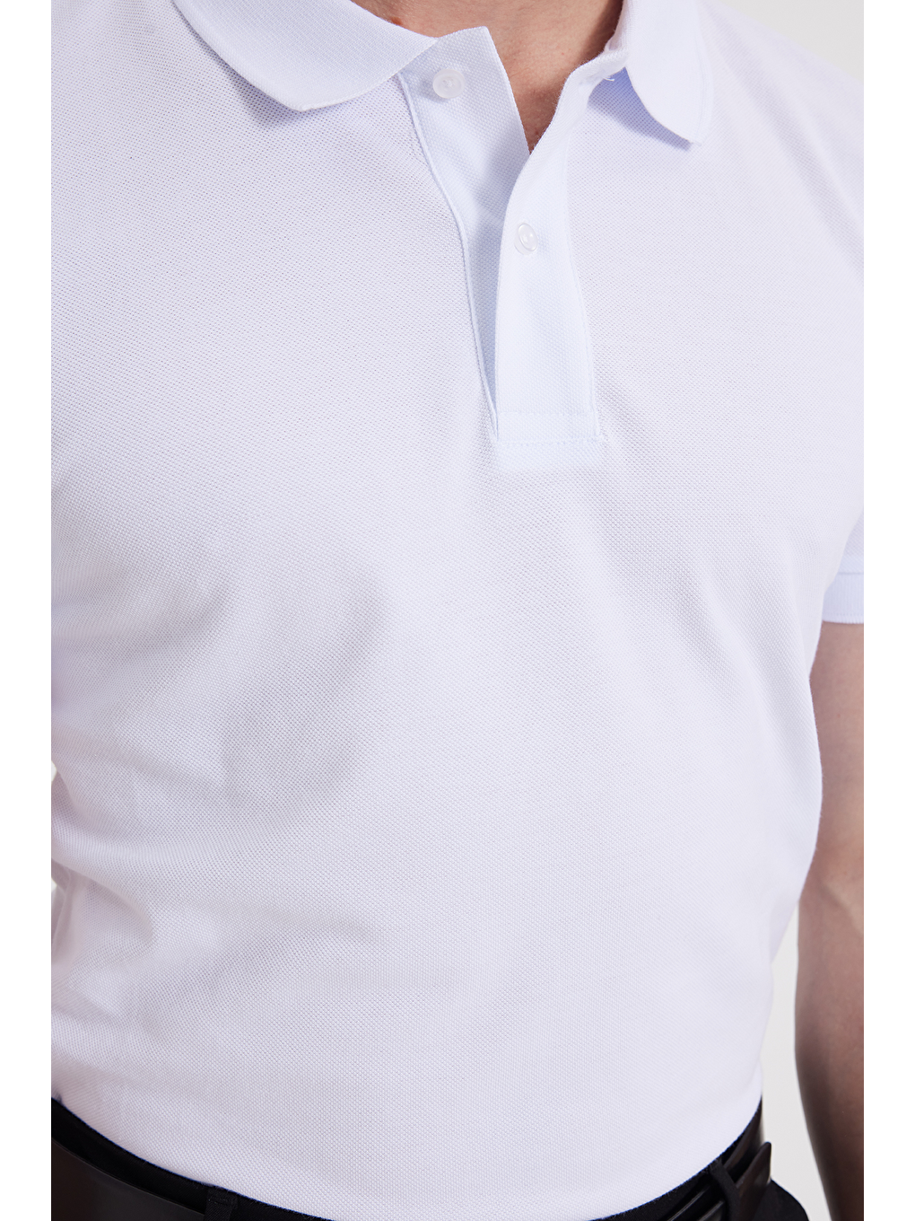 Beyaz Erkek Polo Yaka Slim Fit Düz Pamuk Pike Tişört-5