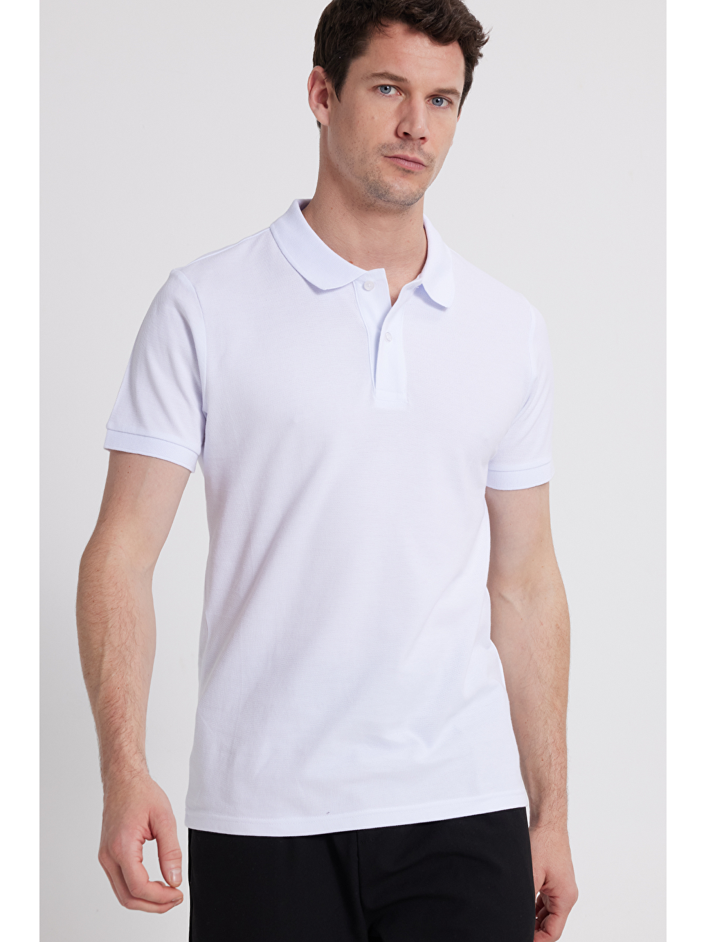 Beyaz Erkek Polo Yaka Slim Fit Düz Pamuk Pike Tişört-8