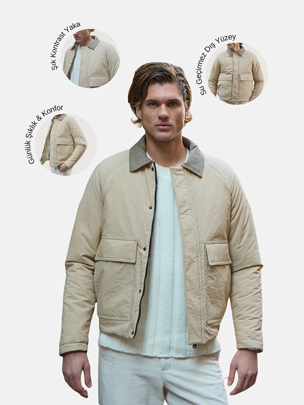 Su Geçirmez Kapitone Bej Mont Kadife Yaka Detaylı Mont