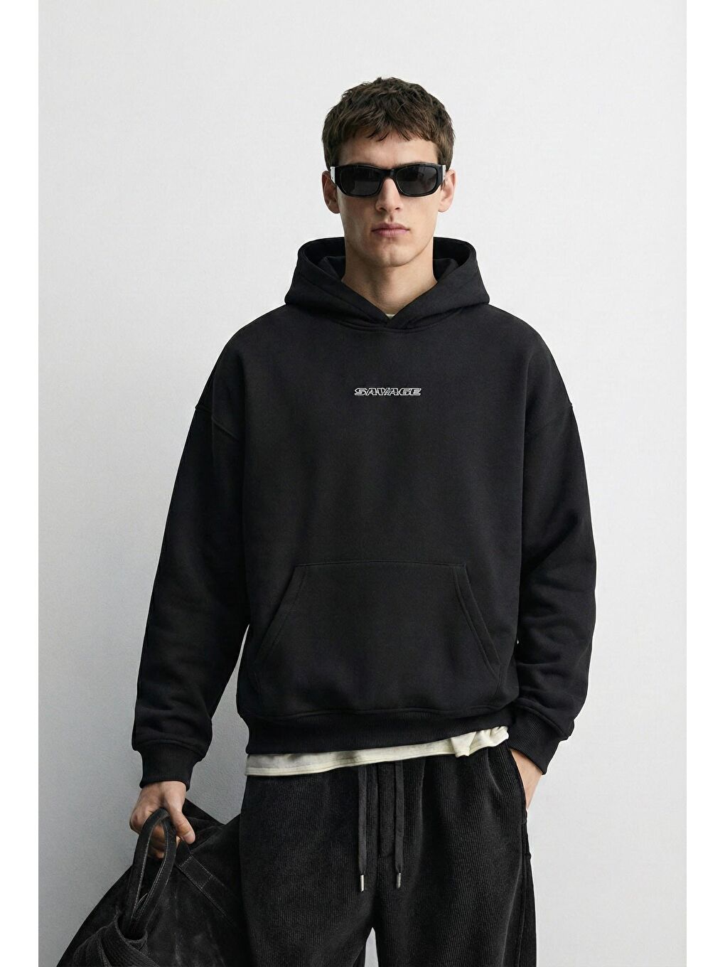 Unisex Oversize Savage Baskılı Premium Kapüşonlu Erkek Hoodie Siyah