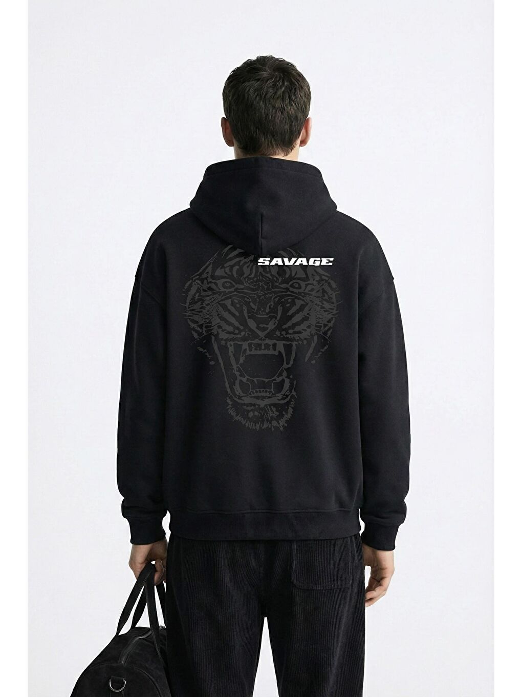Unisex Oversize Savage Baskılı Premium Kapüşonlu Erkek Hoodie Siyah-1