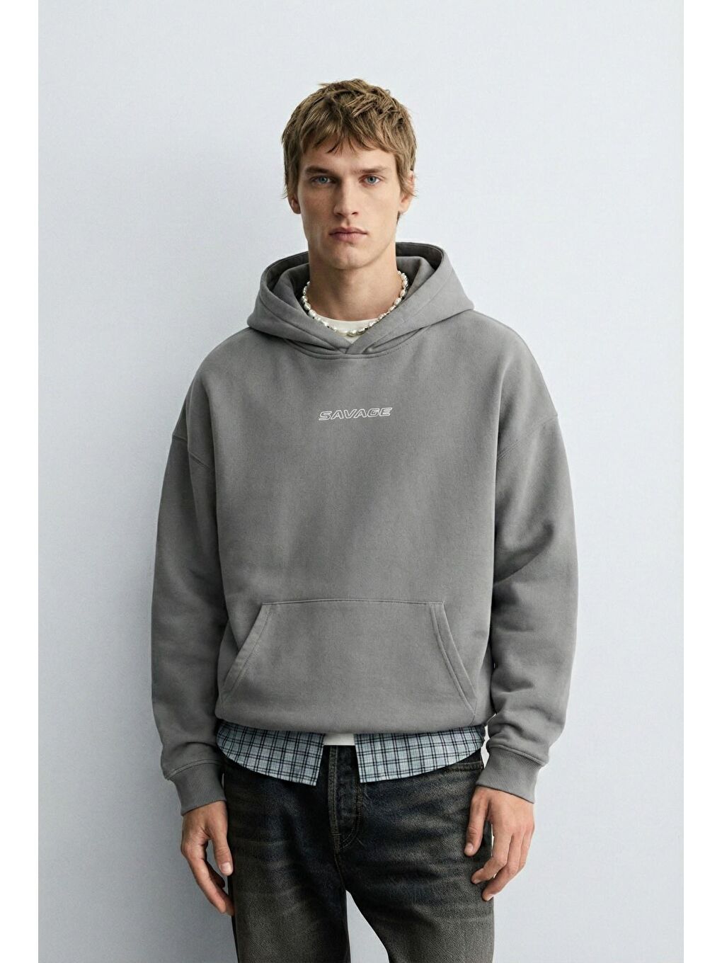 Unisex Oversize Savage Baskılı Premium Kapüşonlu Erkek Hoodie Gri