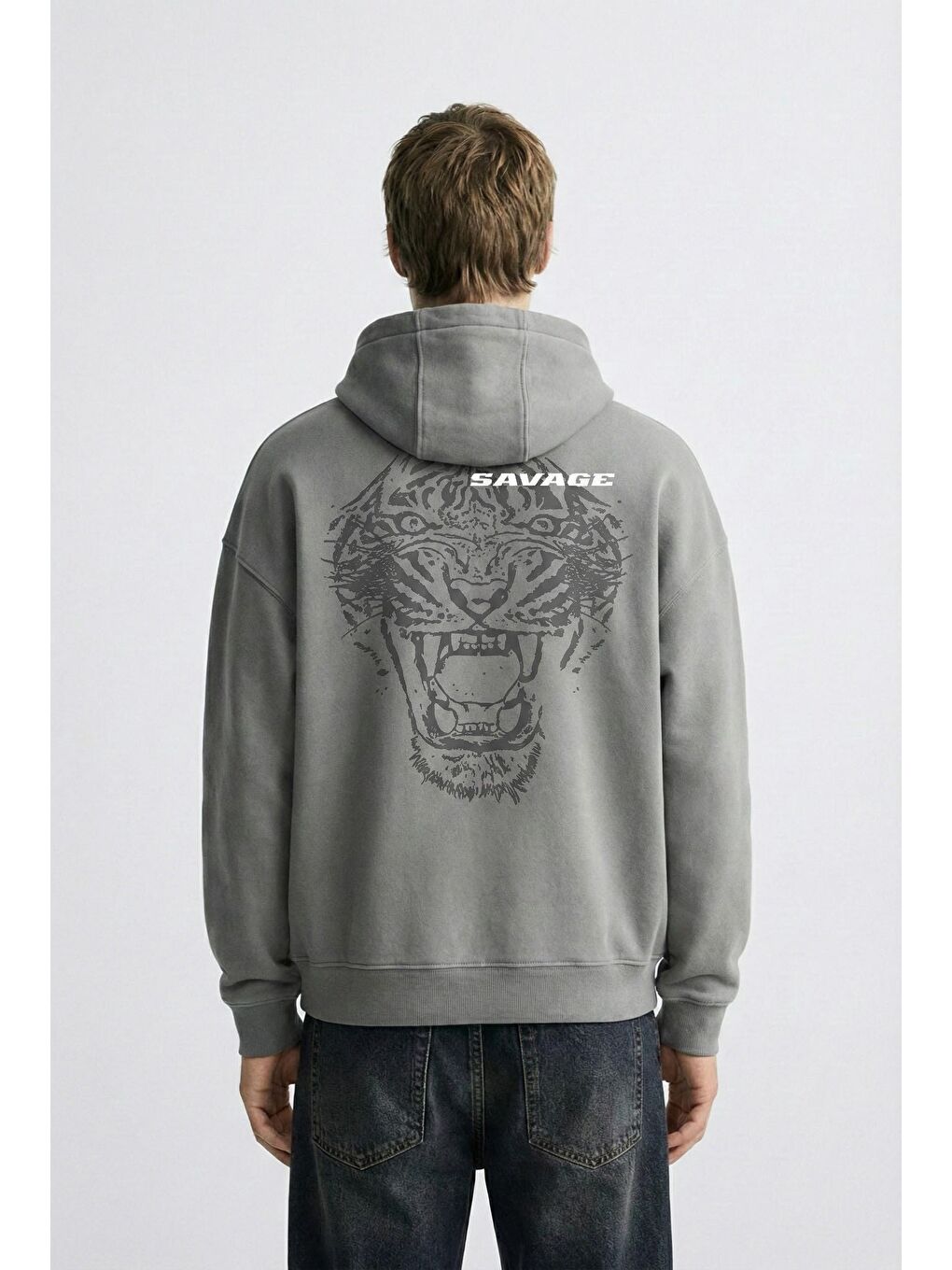 Unisex Oversize Savage Baskılı Premium Kapüşonlu Erkek Hoodie Gri-1