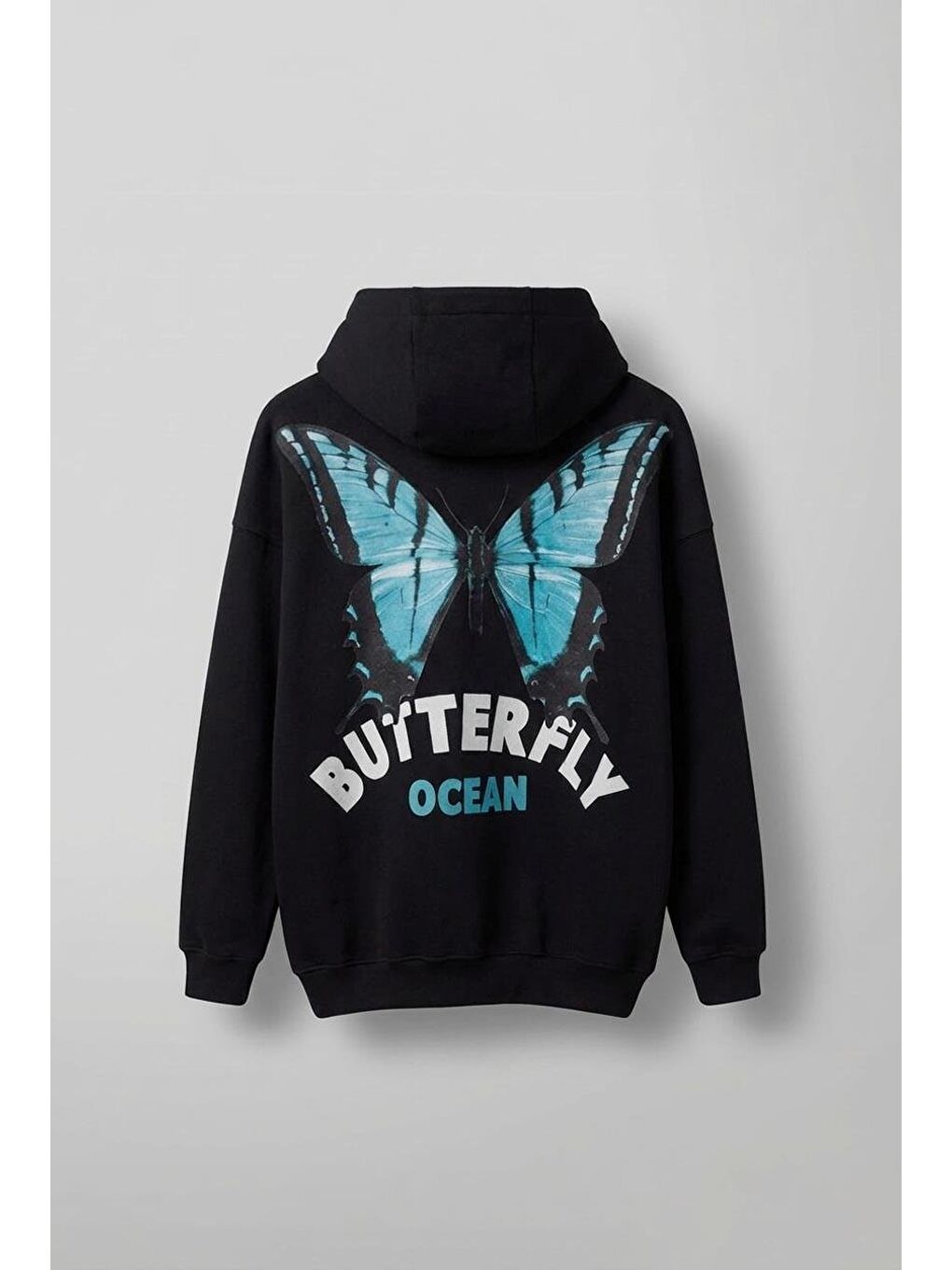 Erkek Oversize Butterfly Baskılı Kapüşonlu Hoodie Siyah