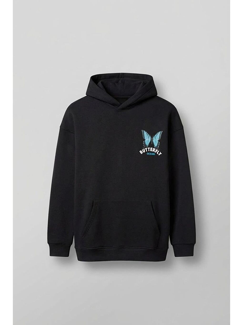 Erkek Oversize Butterfly Baskılı Kapüşonlu Hoodie Siyah-1