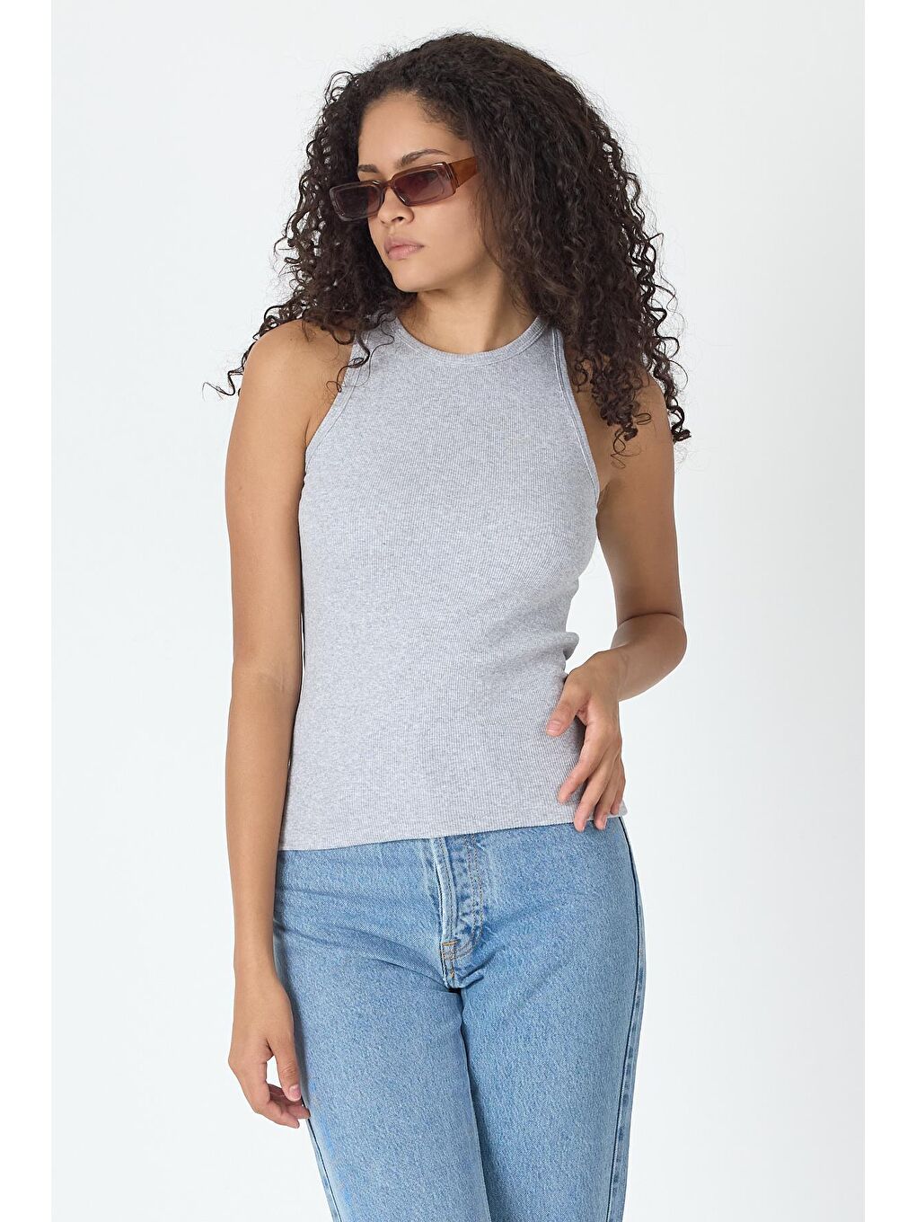 Fitilli Regular Fit Normal Kalıp Gri Bisiklet Yaka Sıfır Kol Pamuklu Kadın Atlet MTLCB112-3