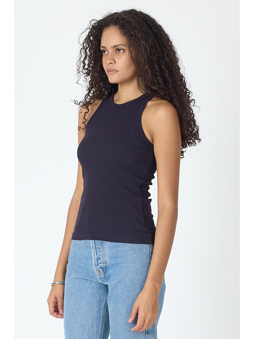 Fitilli Regular Fit Normal Kalıp Lacivert Bisiklet Yaka Sıfır Kol Pamuklu Kadın Atlet MTLCB112-2