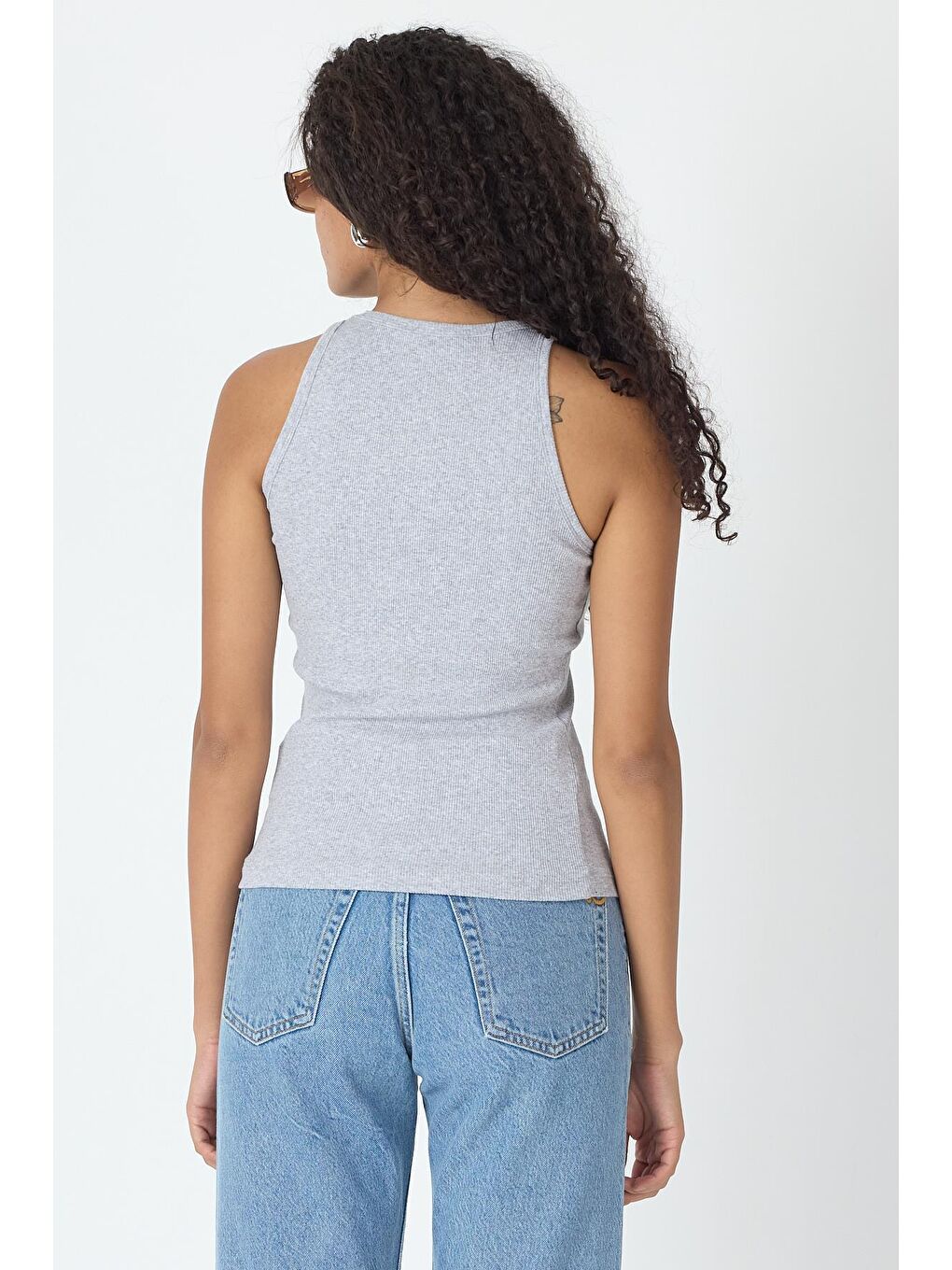 Fitilli Regular Fit Normal Kalıp Gri Bisiklet Yaka Sıfır Kol Pamuklu Kadın Atlet MTLCB112-6