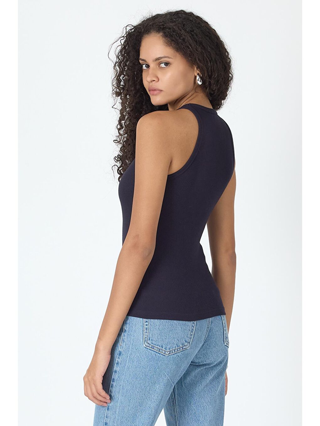 Fitilli Regular Fit Normal Kalıp Lacivert Bisiklet Yaka Sıfır Kol Pamuklu Kadın Atlet MTLCB112-3