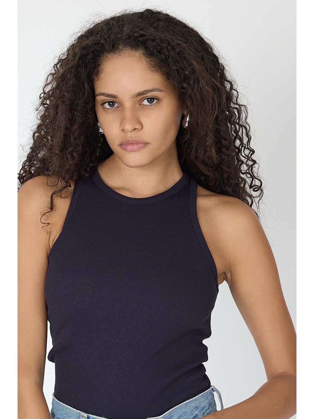 Fitilli Regular Fit Normal Kalıp Lacivert Bisiklet Yaka Sıfır Kol Pamuklu Kadın Atlet MTLCB112-4