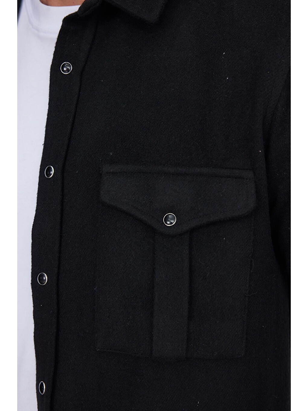 Slim Fit Uzun Kollu Kışlık Oduncu Çift Cep Kapaklı Düz Unisex Siyah Gömlek-3