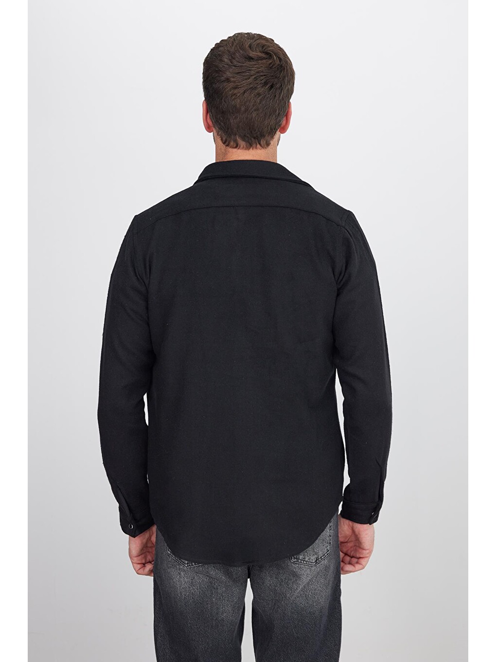 Slim Fit Uzun Kollu Kışlık Oduncu Çift Cep Kapaklı Düz Unisex Siyah Gömlek-8