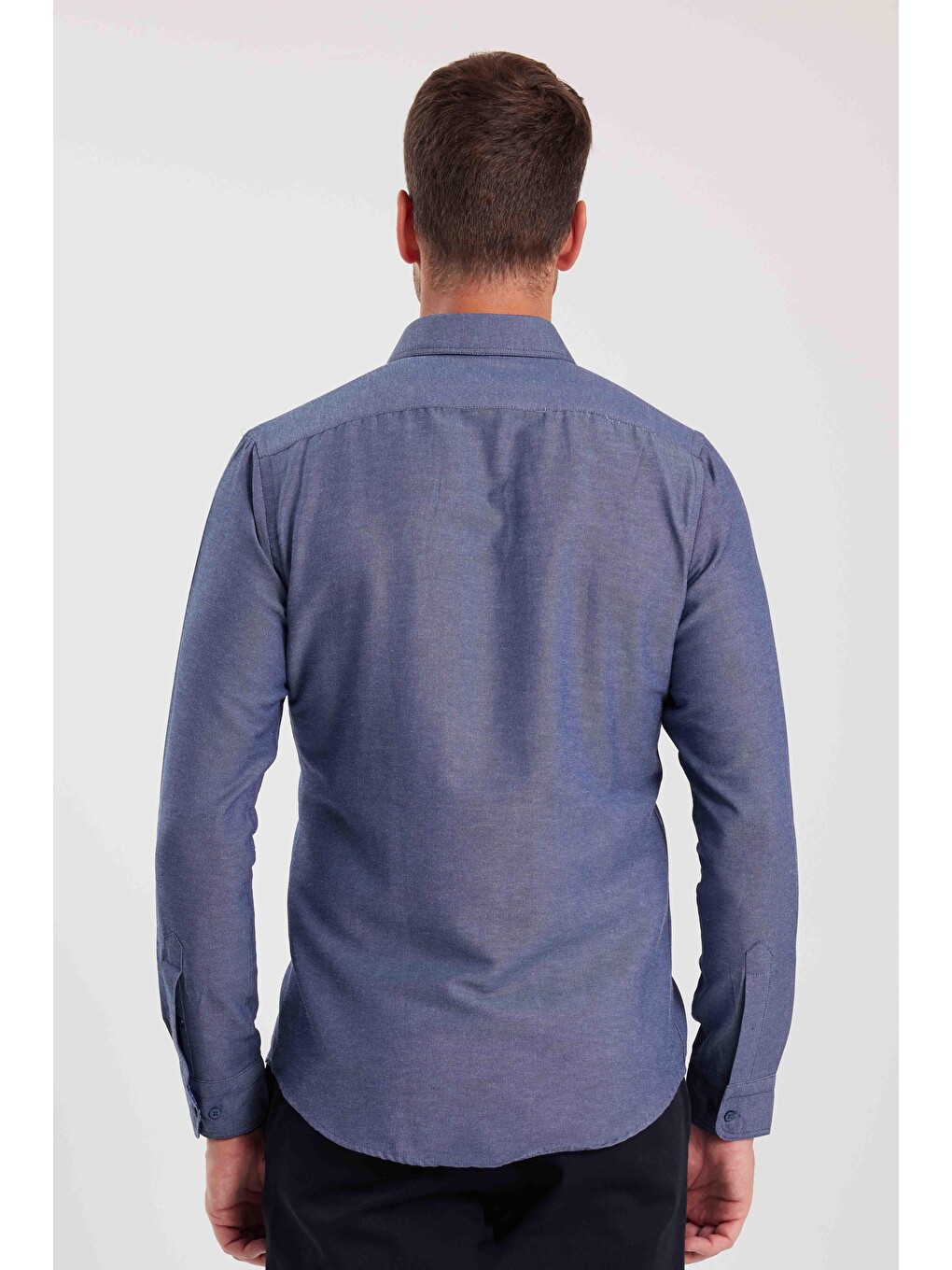 Erkek Slim Fit Dar Kesim Uzun Kollu Pamuklu Oxford Doku Lacivert Düğmeli Yaka Gömlek-6
