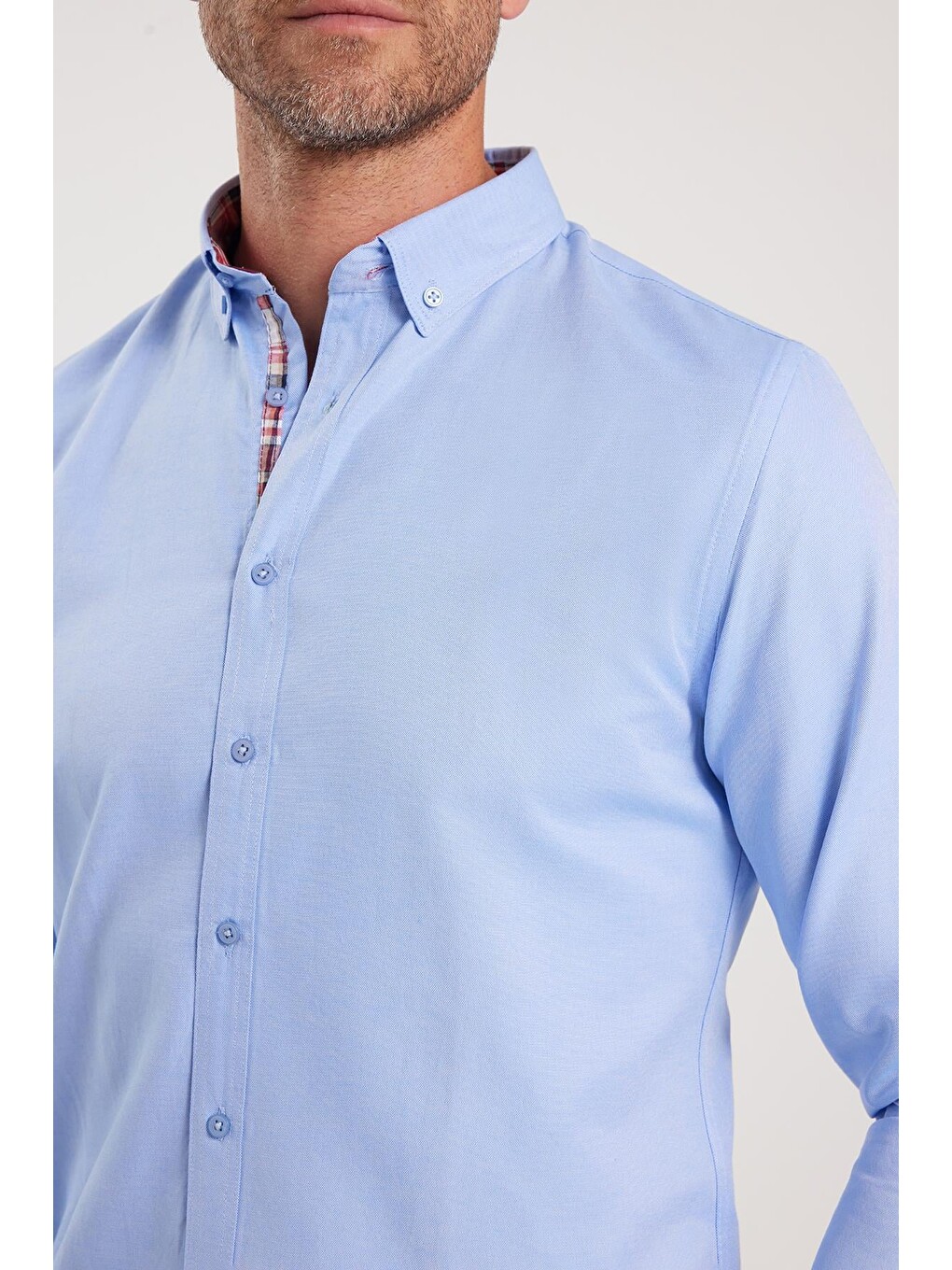 Erkek Slim Fit Dar Kesim Uzun Kollu Pamuklu Oxford Doku Kolay Ütülenebilir Mavi Düğmeli Yaka Gömlek-2
