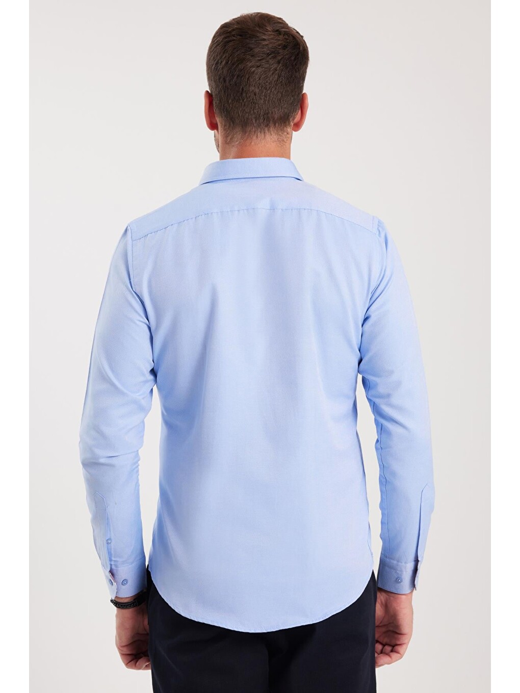 Erkek Slim Fit Dar Kesim Uzun Kollu Pamuklu Oxford Doku Kolay Ütülenebilir Mavi Düğmeli Yaka Gömlek-6