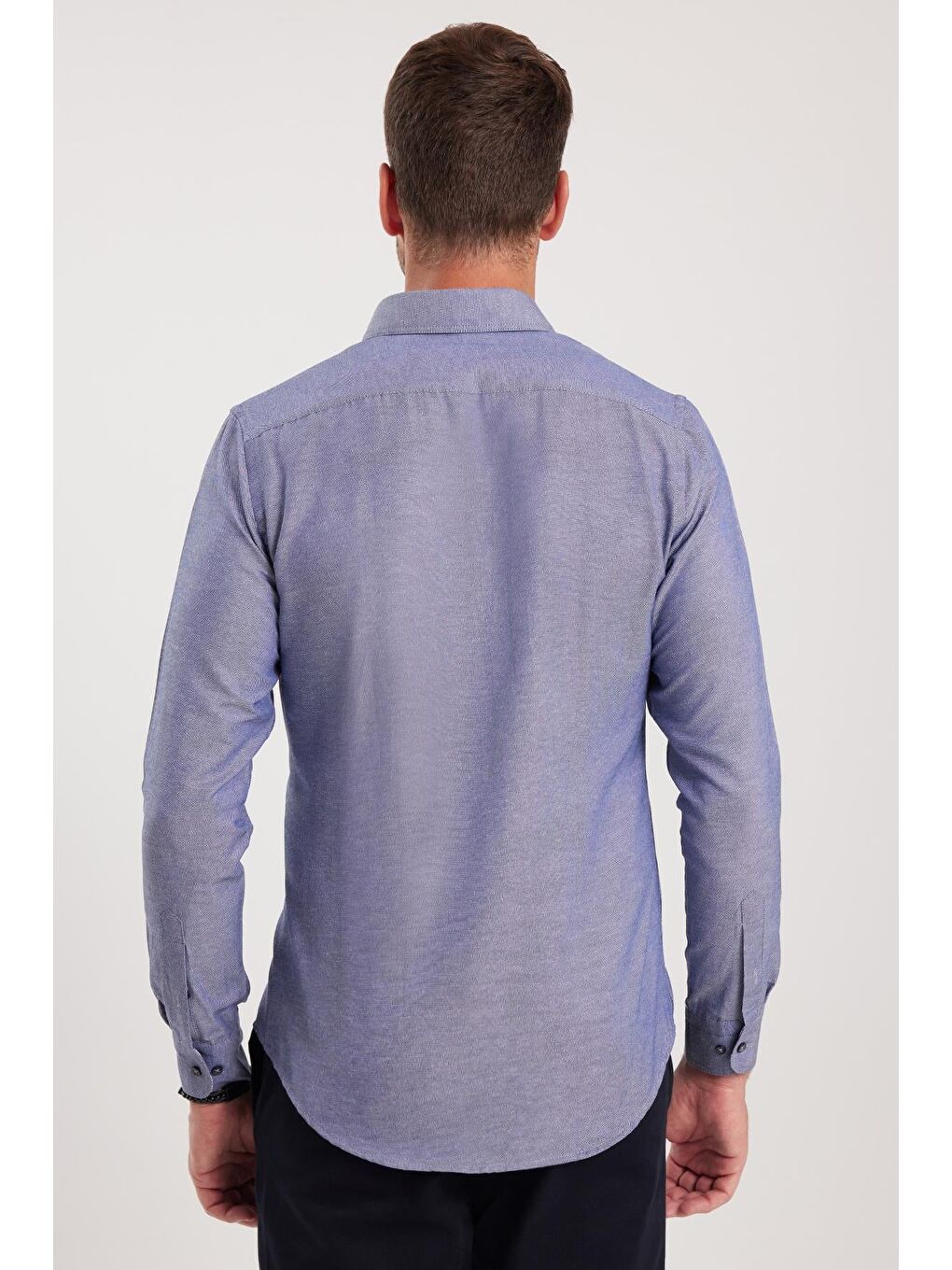 Erkek Slim Fit Dar Kesim Uzun Kollu Pamuklu Oxford Doku Lacivert Düğmeli Yaka Gömlek-6