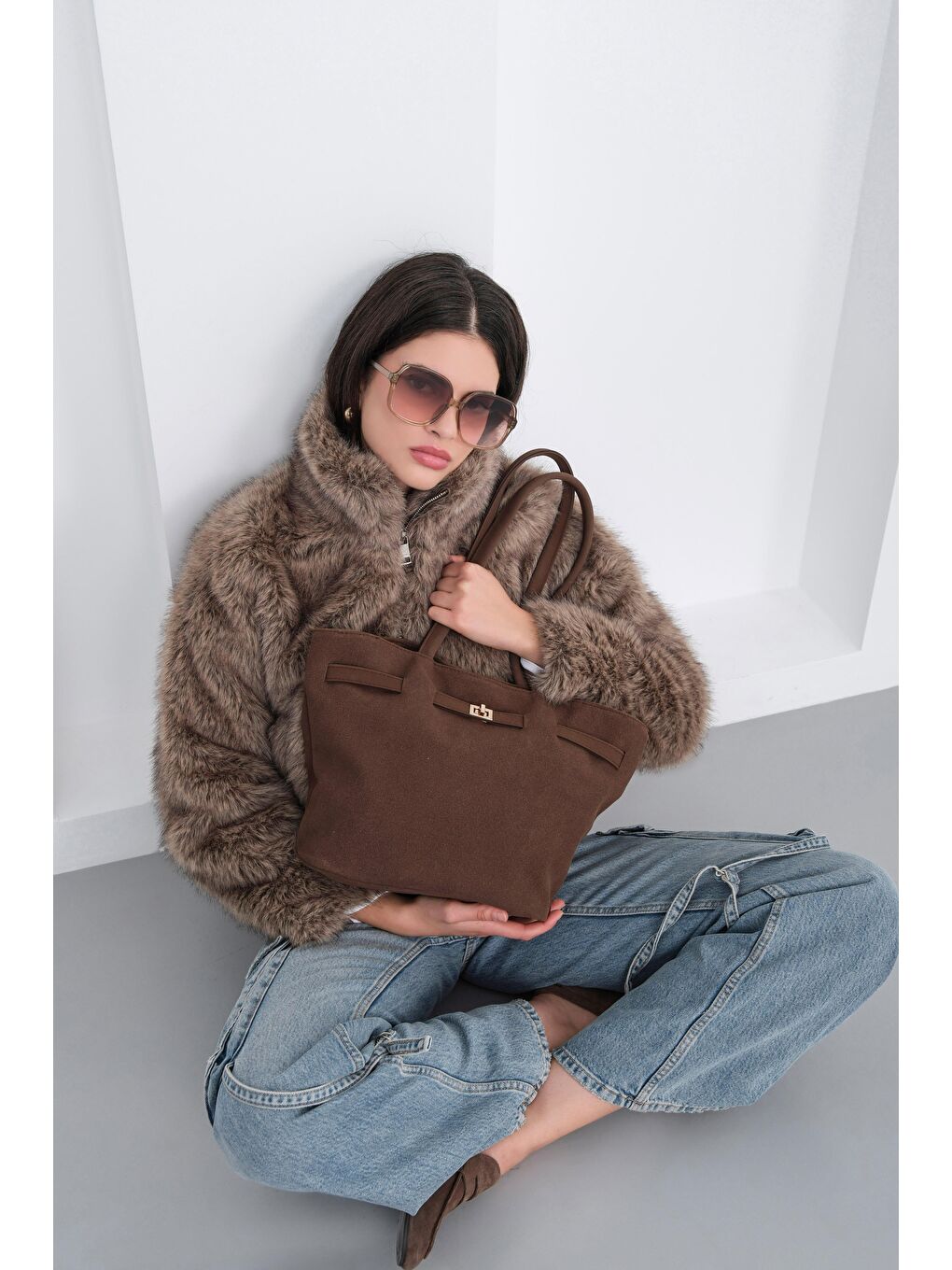 Kahverengi Versay Süet Omuz Çantası Acı Kahve-1