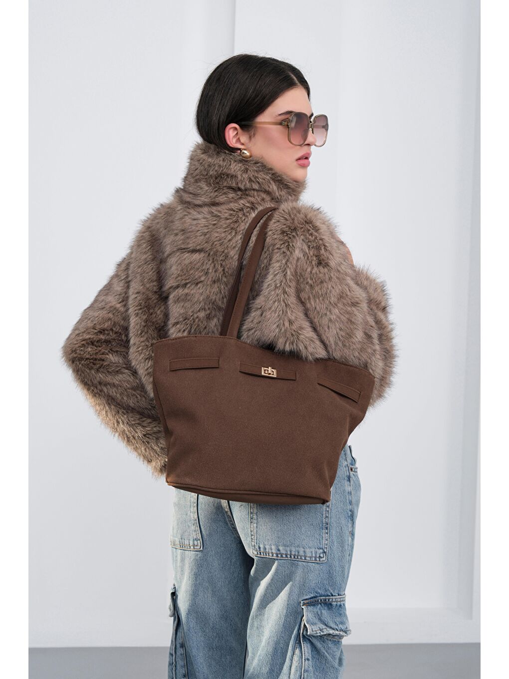 Kahverengi Versay Süet Omuz Çantası Acı Kahve-5