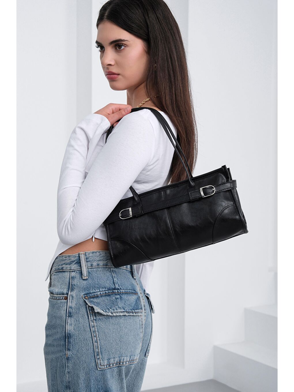 Enyola Vintage Baget Çanta Siyah-5