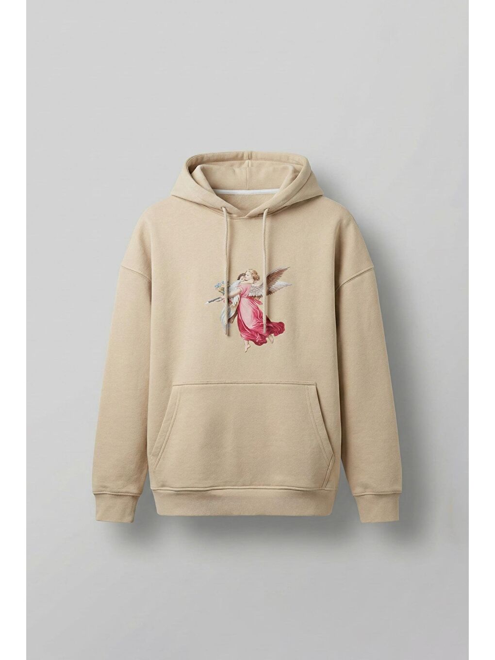 Erkek Oversize 'Hero Angel' Baskılı Kapüşonlu Sweatshirt Bej