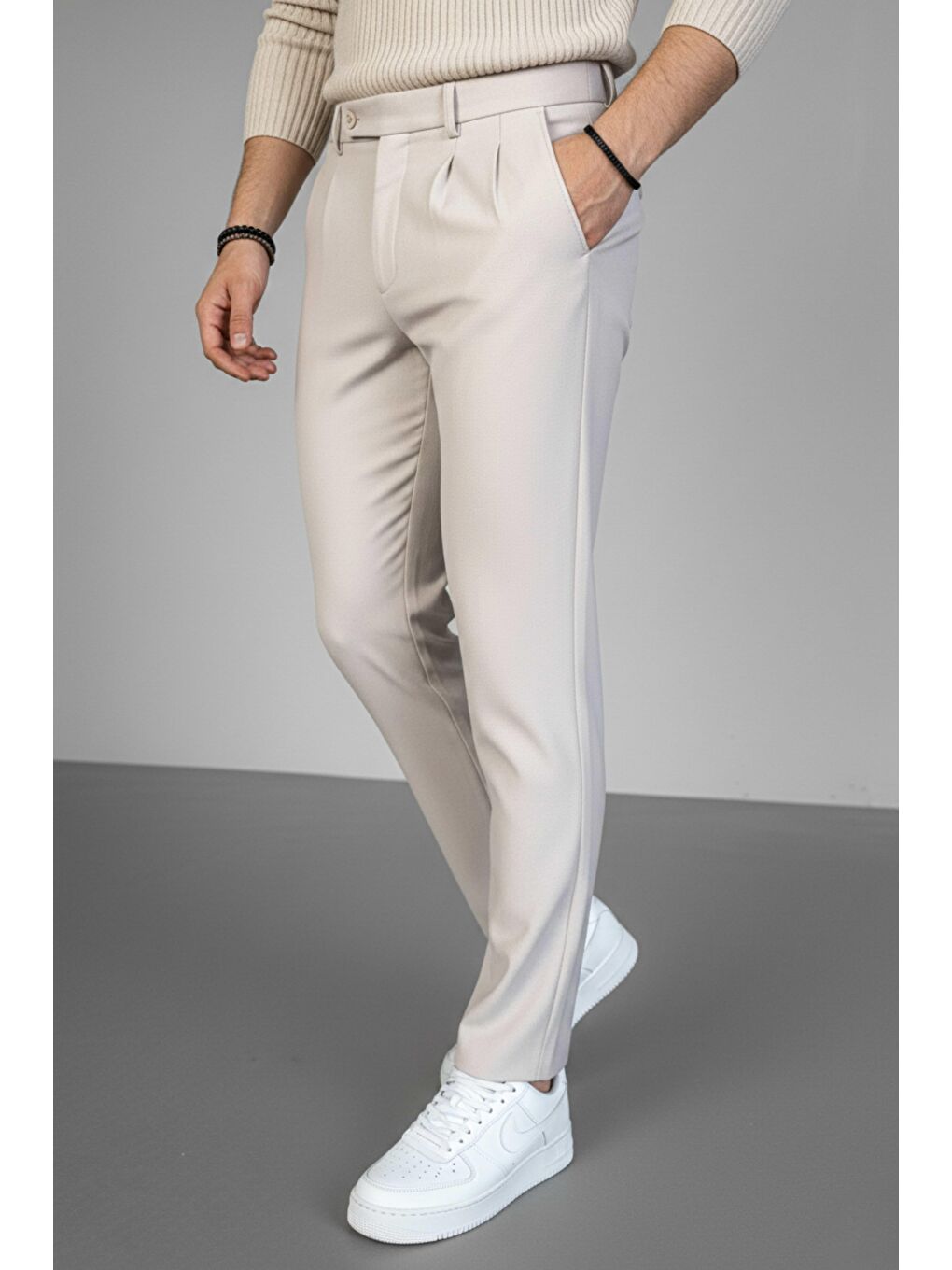 Ekru Pileli Kumaş Erkek Pantolon Krem-1