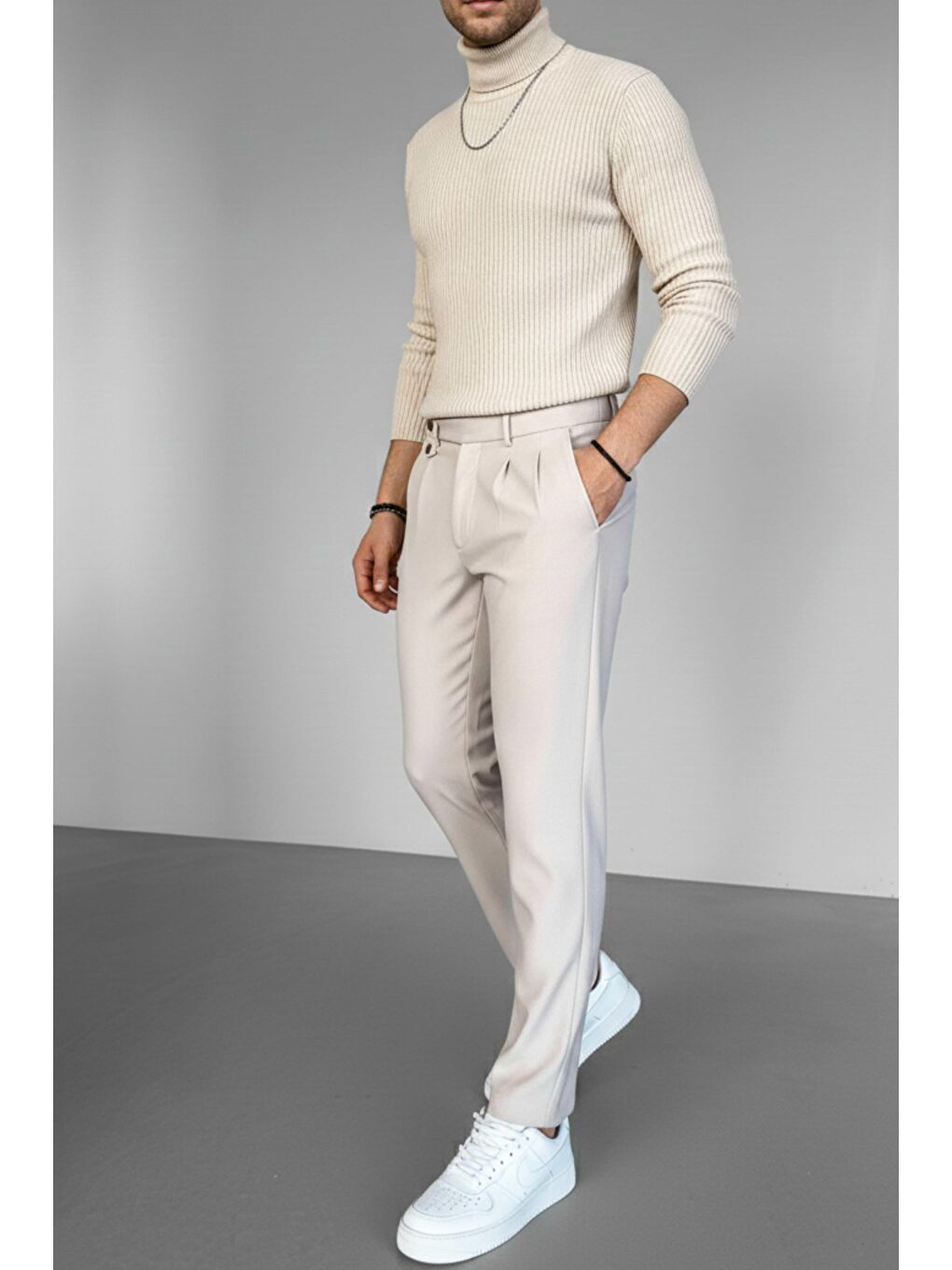 Ekru Pileli Kumaş Erkek Pantolon Krem-2