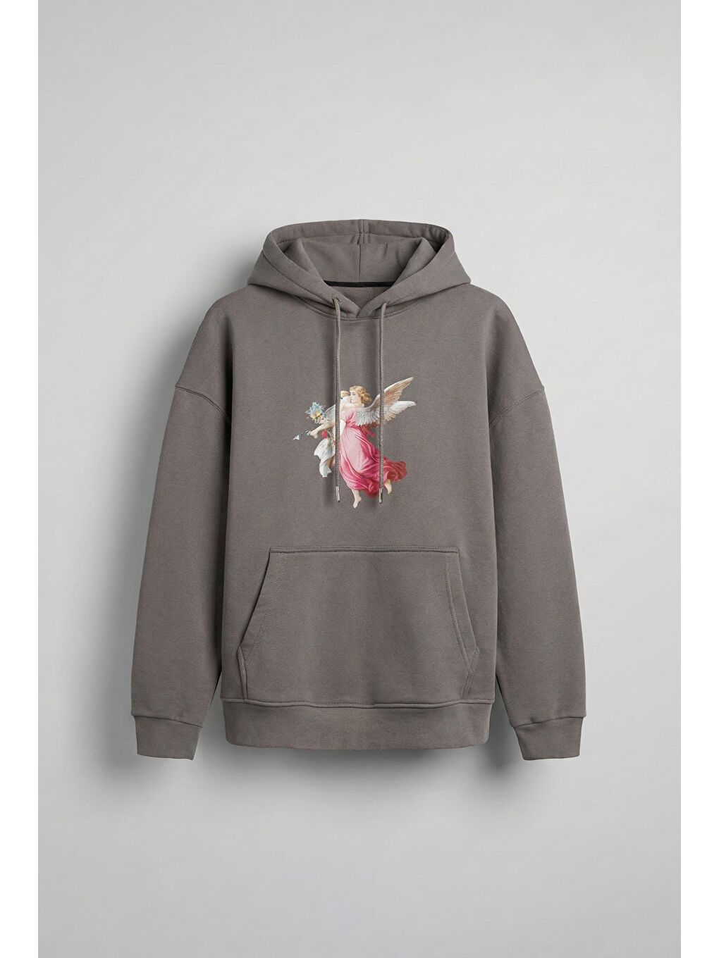 Erkek Oversize 'Hero Angel' Baskılı Kapüşonlu Sweatshirt Gri