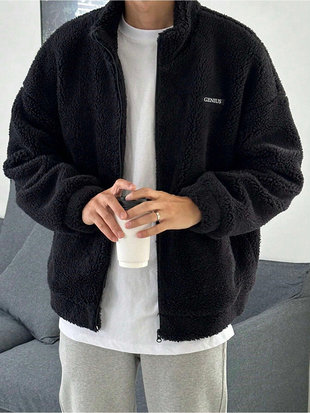 Siyah Oversize Pelüş Tam Pelüş İçi Polarlı Sherpa Kumaş Erkek Fermuarlı Sweatshirt Hırka