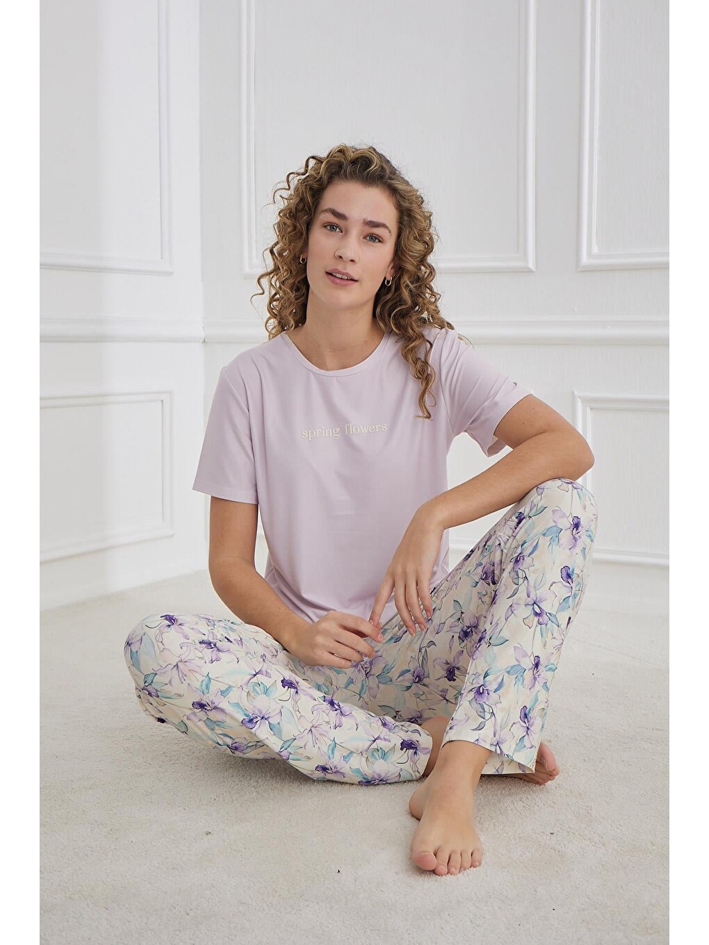 Kadın Bisiklet Yaka Çiçek Desenli Pijama Takım | Lila 30102-1168-1