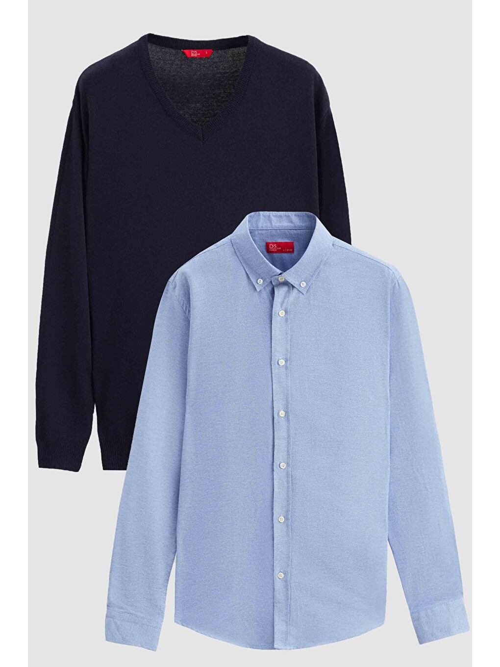 Slim Fit Lacivert Pamuk Karışımlı 2'li V Yaka Triko Ve Gömlek