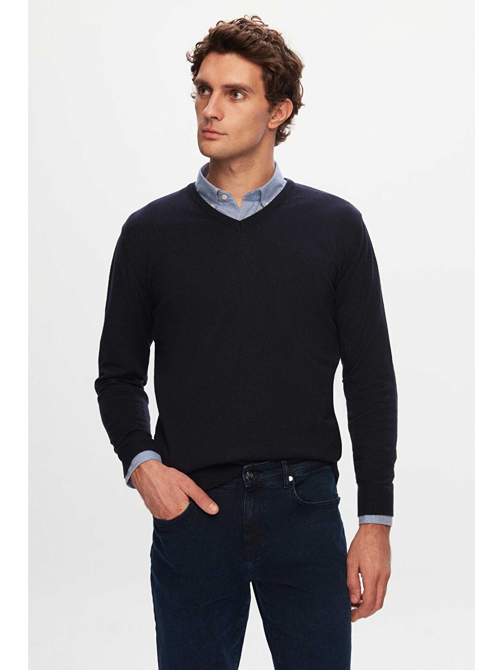 Slim Fit Lacivert Pamuk Karışımlı 2'li V Yaka Triko Ve Gömlek-1