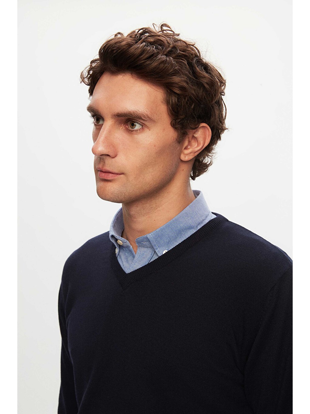 Slim Fit Lacivert Pamuk Karışımlı 2'li V Yaka Triko Ve Gömlek-2