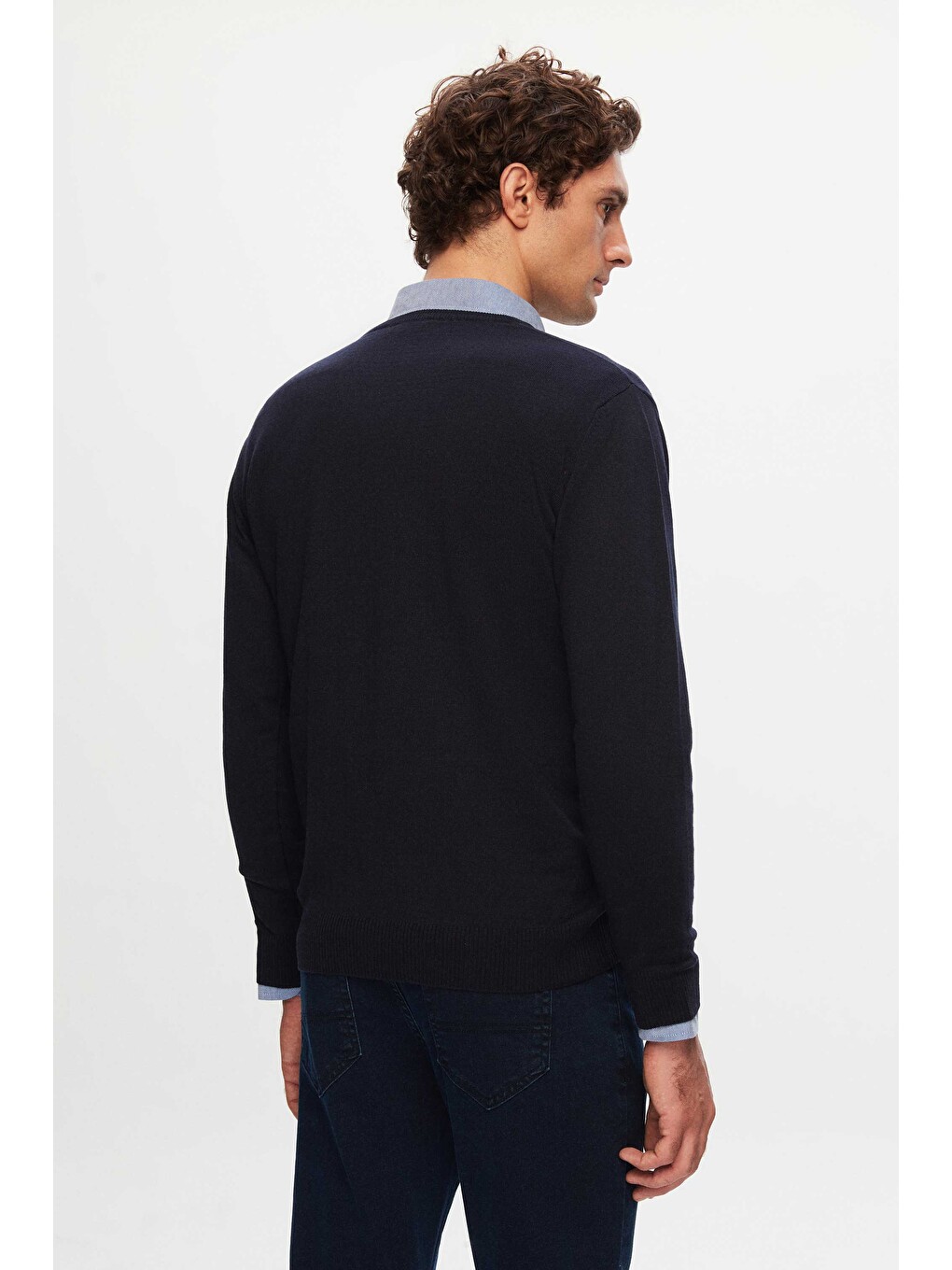 Slim Fit Lacivert Pamuk Karışımlı 2'li V Yaka Triko Ve Gömlek-3