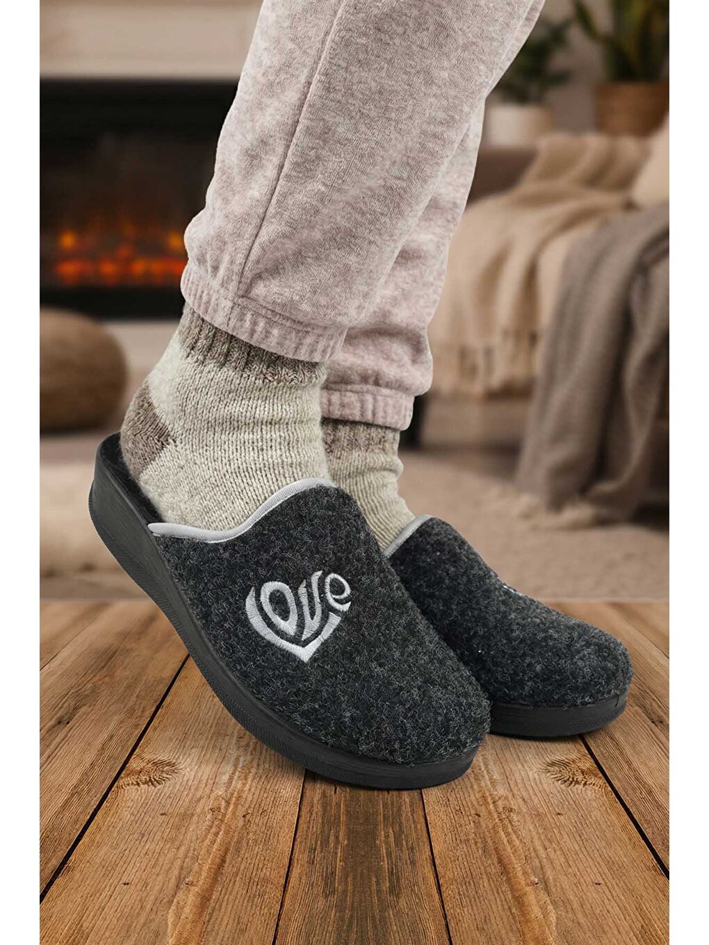 Antrasit Kışlık Yüksek Taban Kadın Ev Terlik