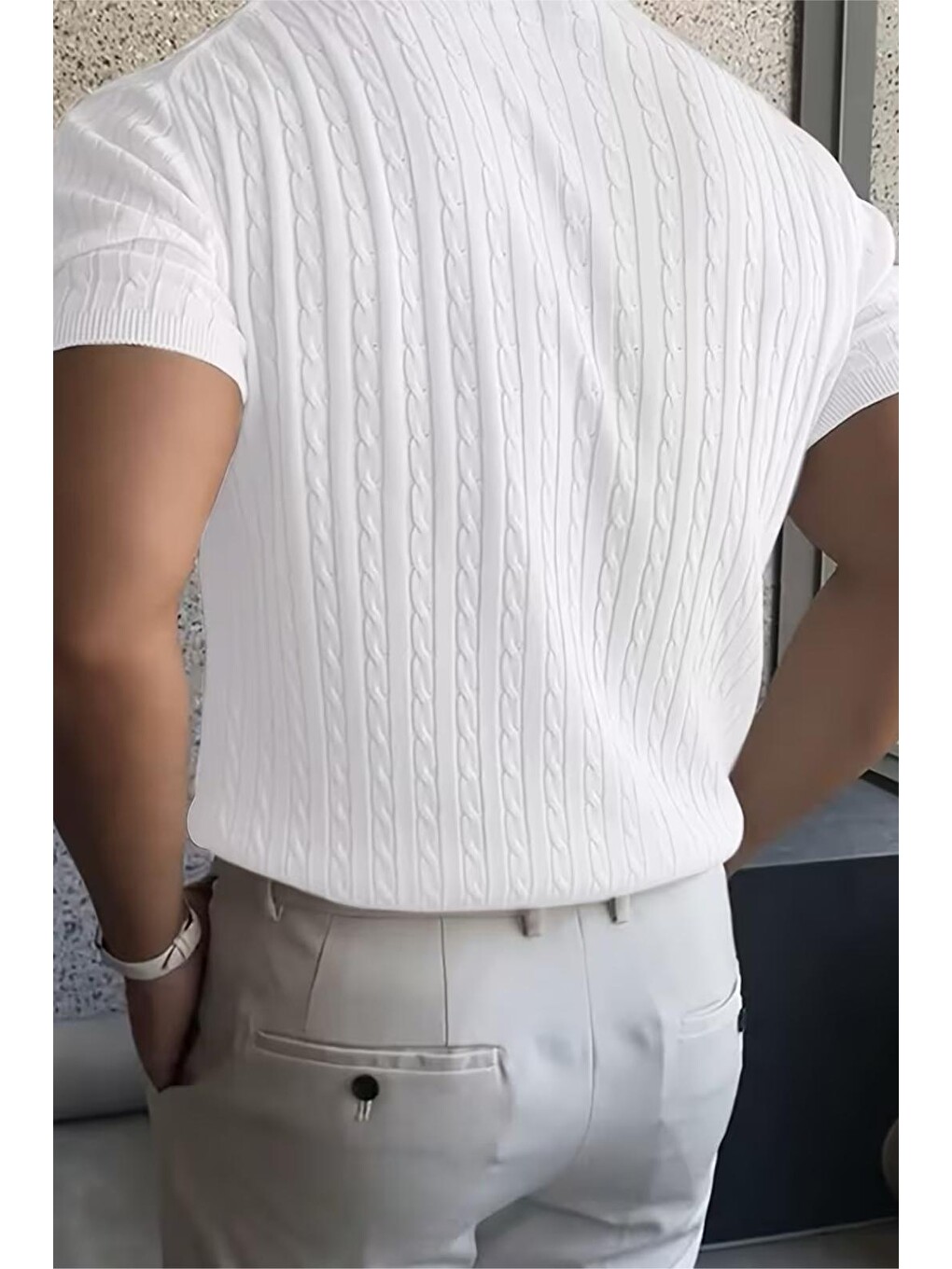 Beyaz Kelly Lüks Seri Erkek Slim Fit Saç Örgü Desenli Bisiklet Yaka Kısa Kollu Triko Tişört-4