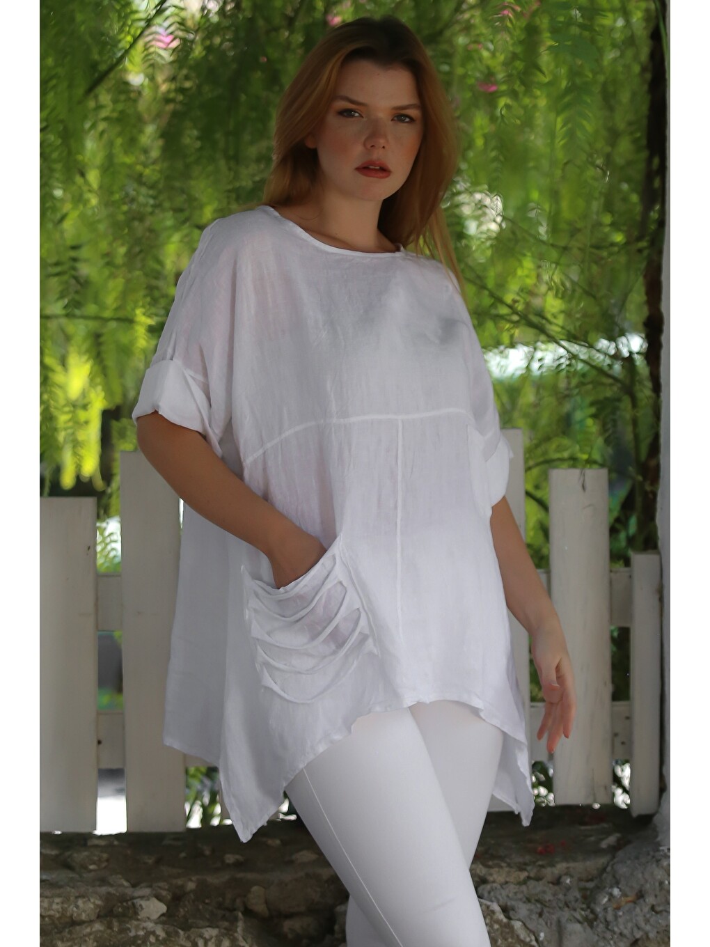 İtalyan Beyaz Havuz Yaka Cepli Yıkamalı Keten Asimetrik Oversize Dokuma Bluz 75 65