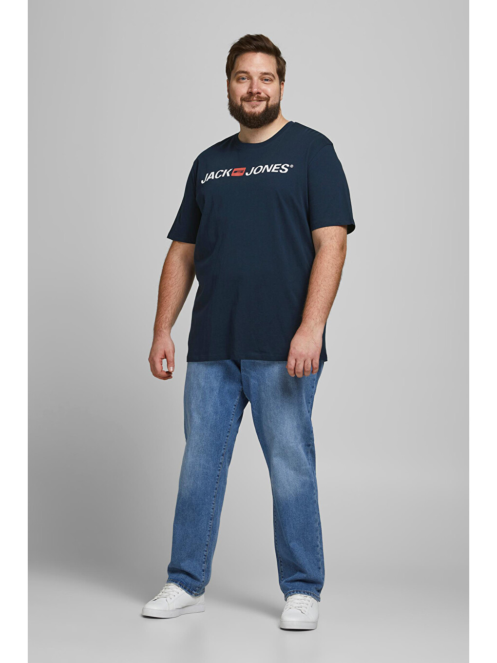 Lacivert Büyük Beden Bisiklet Yaka % 100 Pamuk Plus Jjecorp Erkek T Shirt 12184987-1
