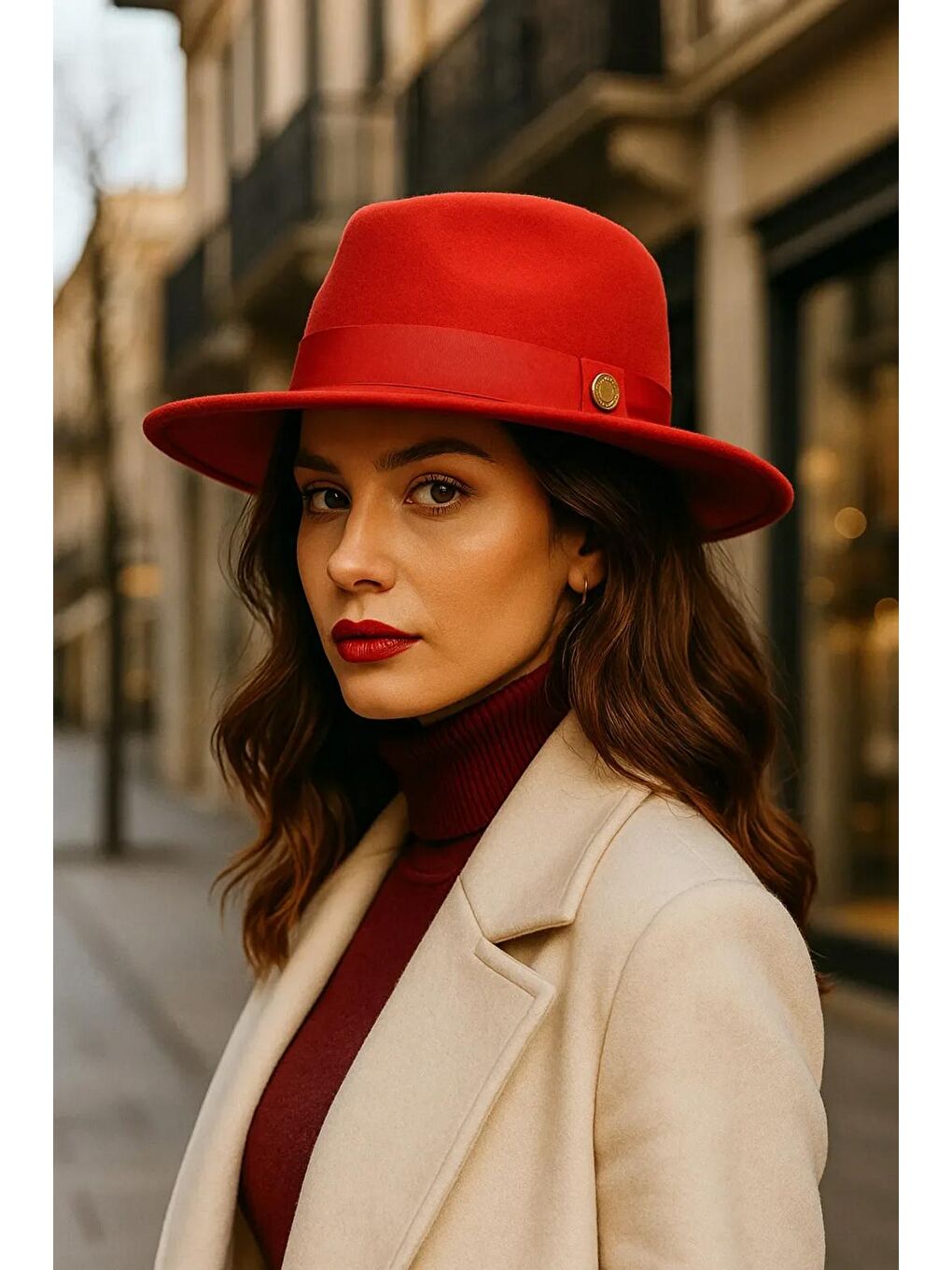 Kırmızı Panama Fötr Şapka   Zarif Metalik Aksesuarlı  Geniş Kenarlı Tasarım Spk1145-1