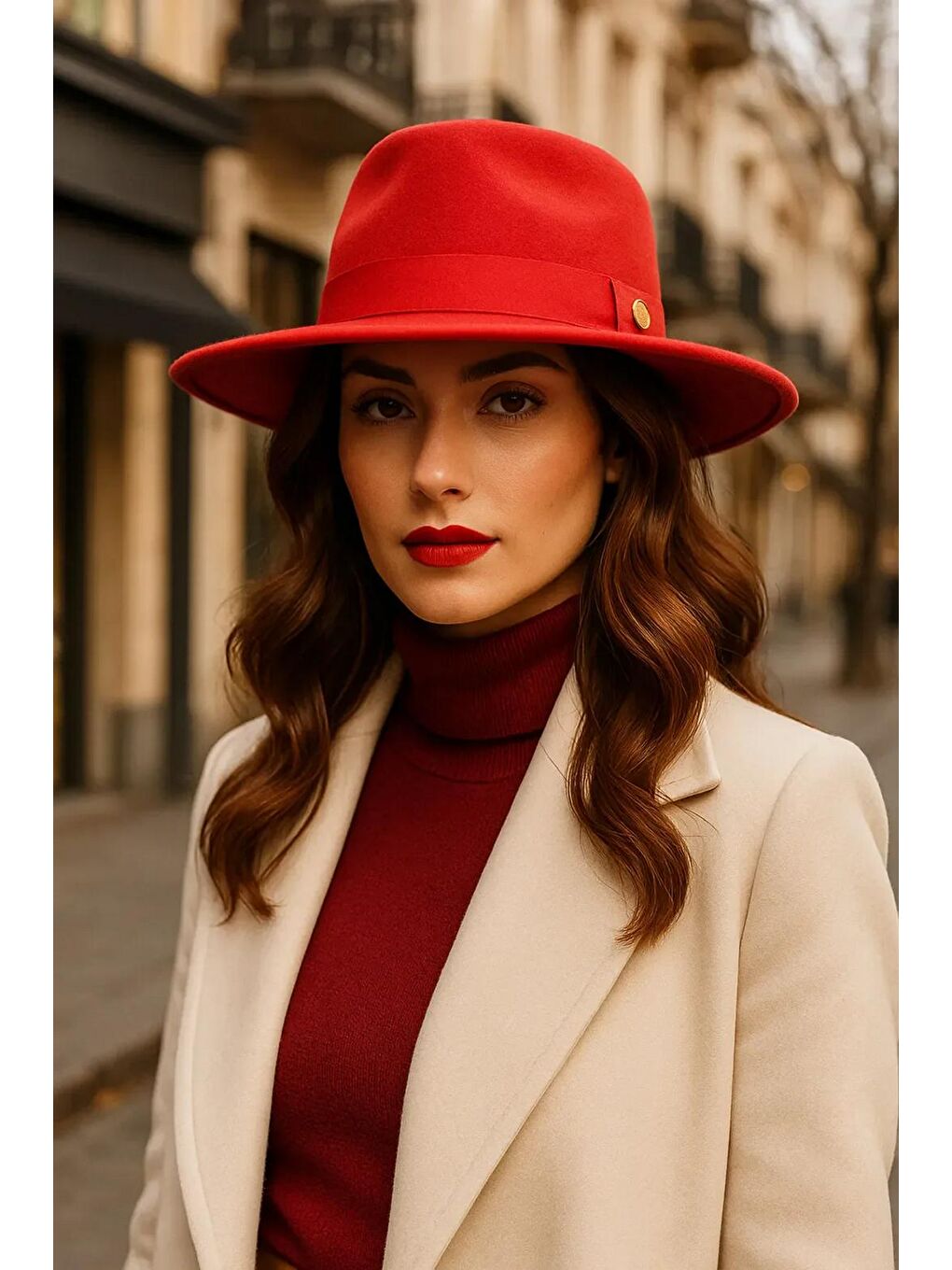 Kırmızı Panama Fötr Şapka   Zarif Metalik Aksesuarlı  Geniş Kenarlı Tasarım Spk1145-2