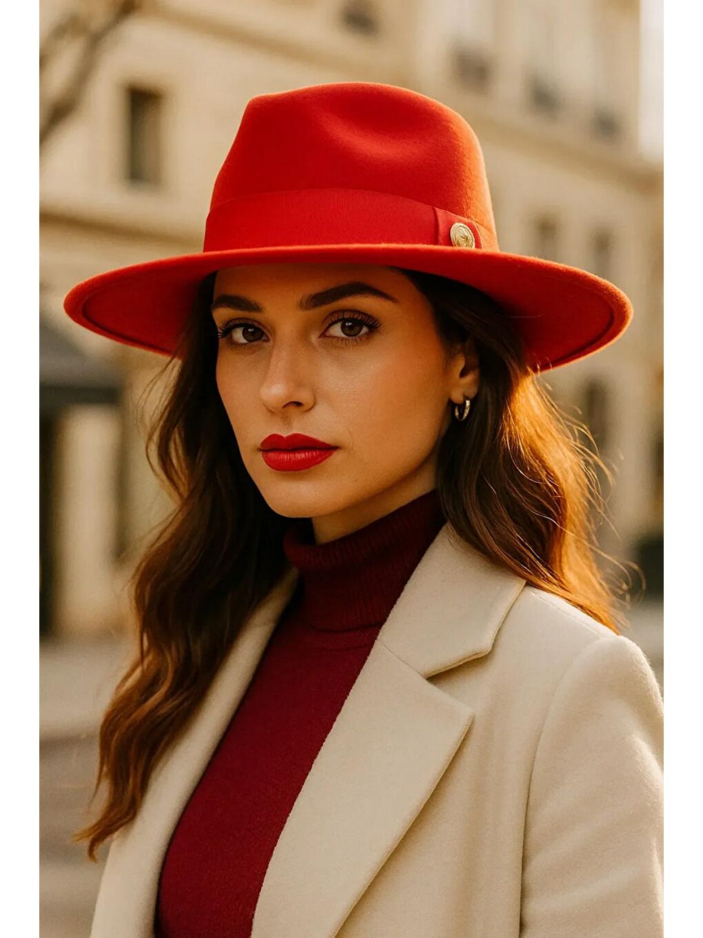 Kırmızı Panama Fötr Şapka   Zarif Metalik Aksesuarlı  Geniş Kenarlı Tasarım Spk1145-3