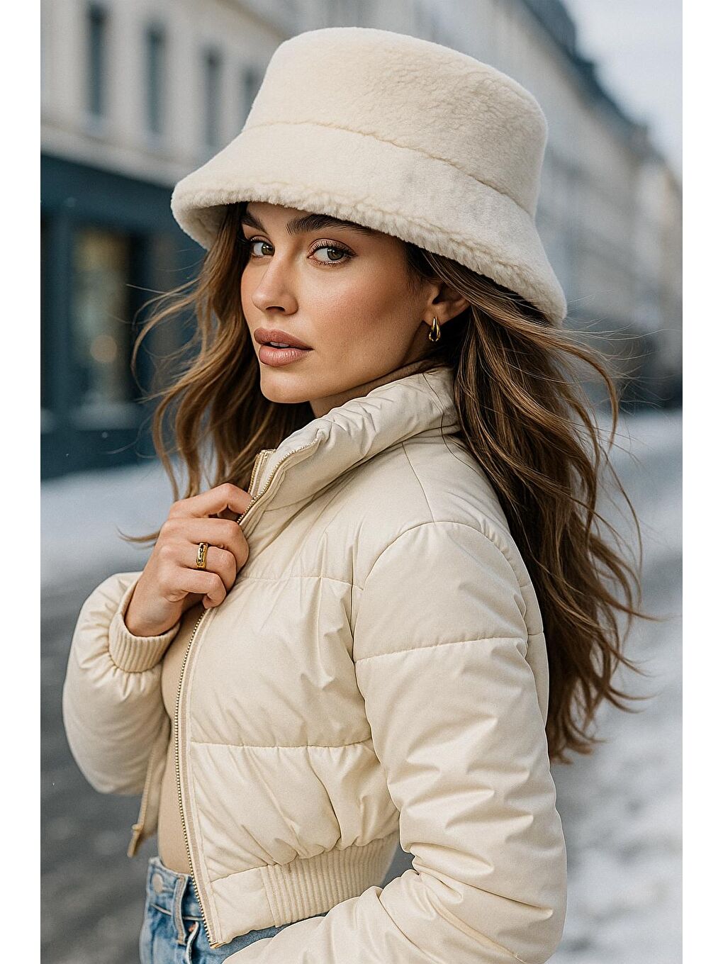 Pelüş Ayarlanabilir Bej Bucket Kalpak Şapka Bere SPK1142-3