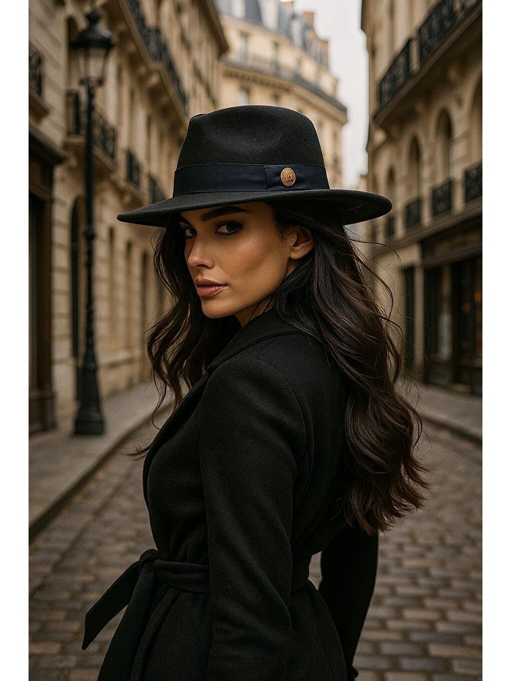 Kadın Siyah Geniş Kenarlı Şapka   Altın Renk Düğmeli  Siyah Bantlı  Ve Modern Tasarım Spk1145-1