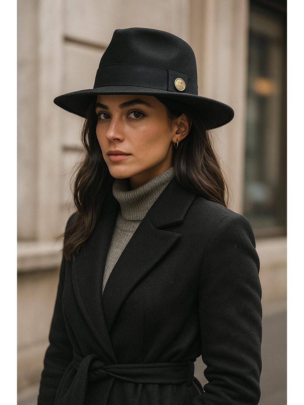 Kadın Siyah Geniş Kenarlı Şapka   Altın Renk Düğmeli  Siyah Bantlı  Ve Modern Tasarım Spk1145-3